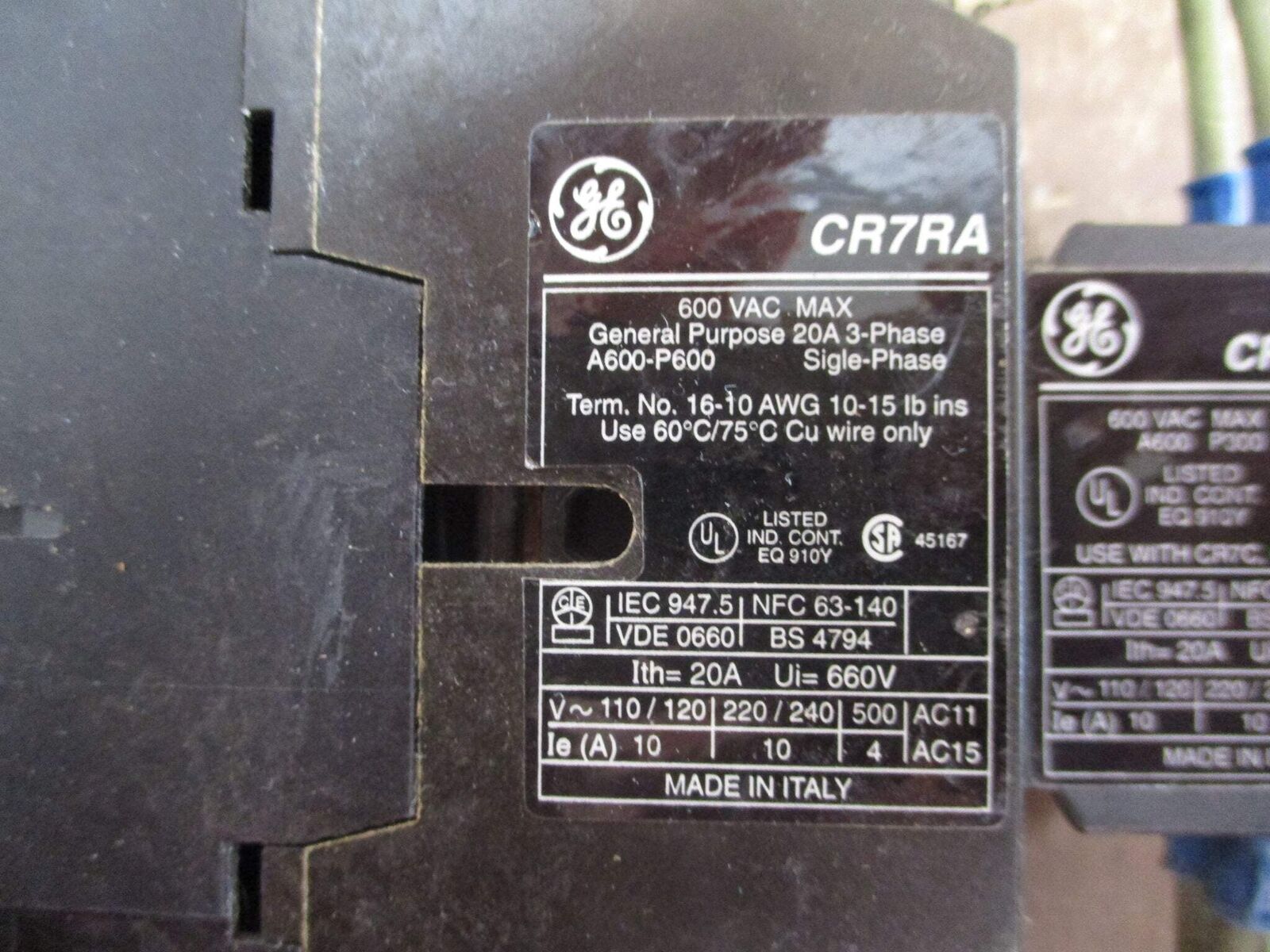 GE Contactor CR7RA 120V Coil 20A 600V w/Aux Contact Block Used