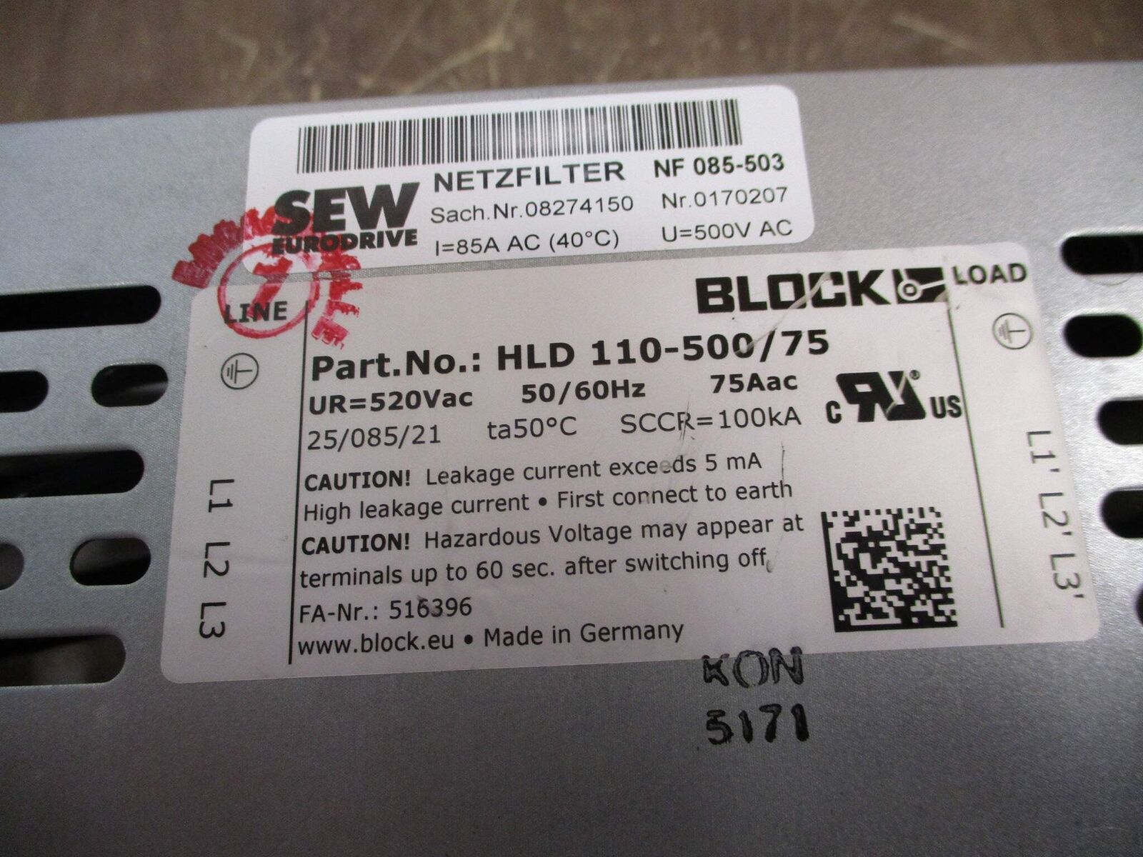 Sew-Eurodrive / Block EMI Filter HLD 110-500/75 520VAC 50/60Hz 75A Used