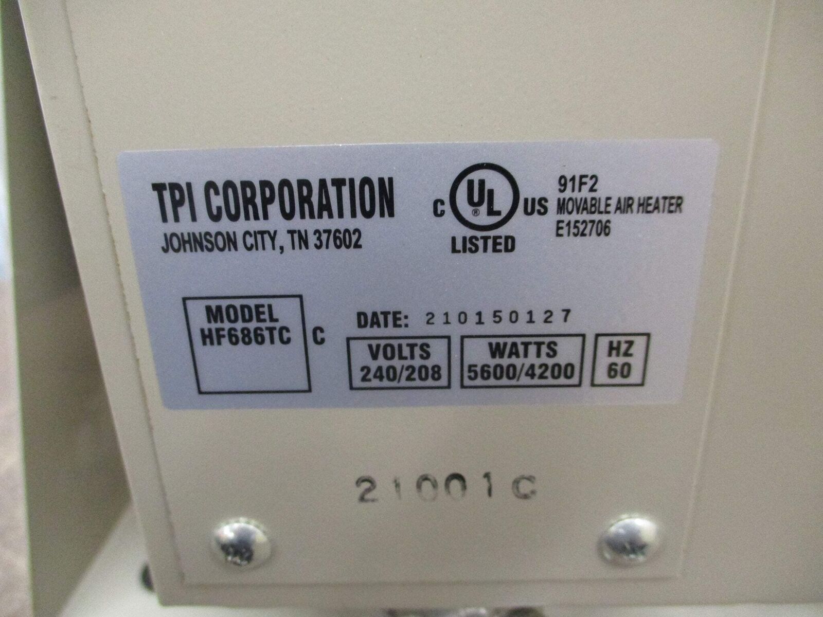 TPI Fan-Forced Portable Heater HF686TC 240/208V 60Hz 5600/4200W Used