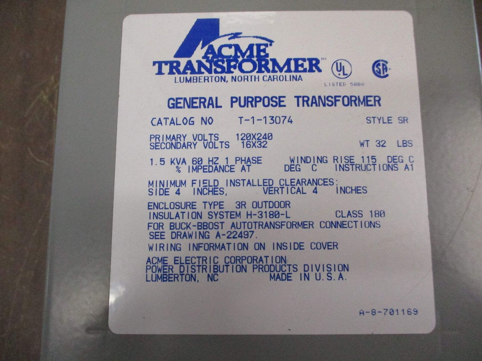 Acme Transformer 3R Transformer T-1-11683 1KVA Pri: 120/240V Sec: 12/24V 60Hz