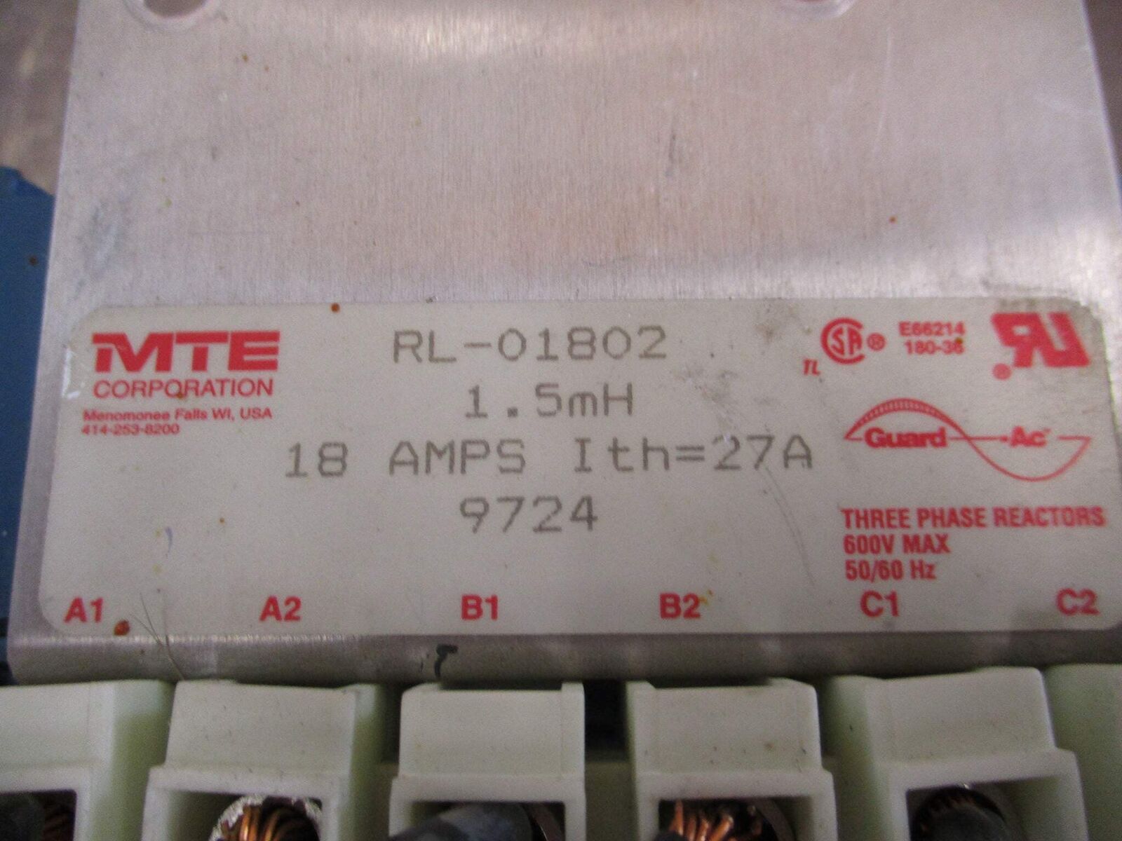 MTE Line Reactor RL-01802 1.5mH 18A 600V 50/60Hz Used