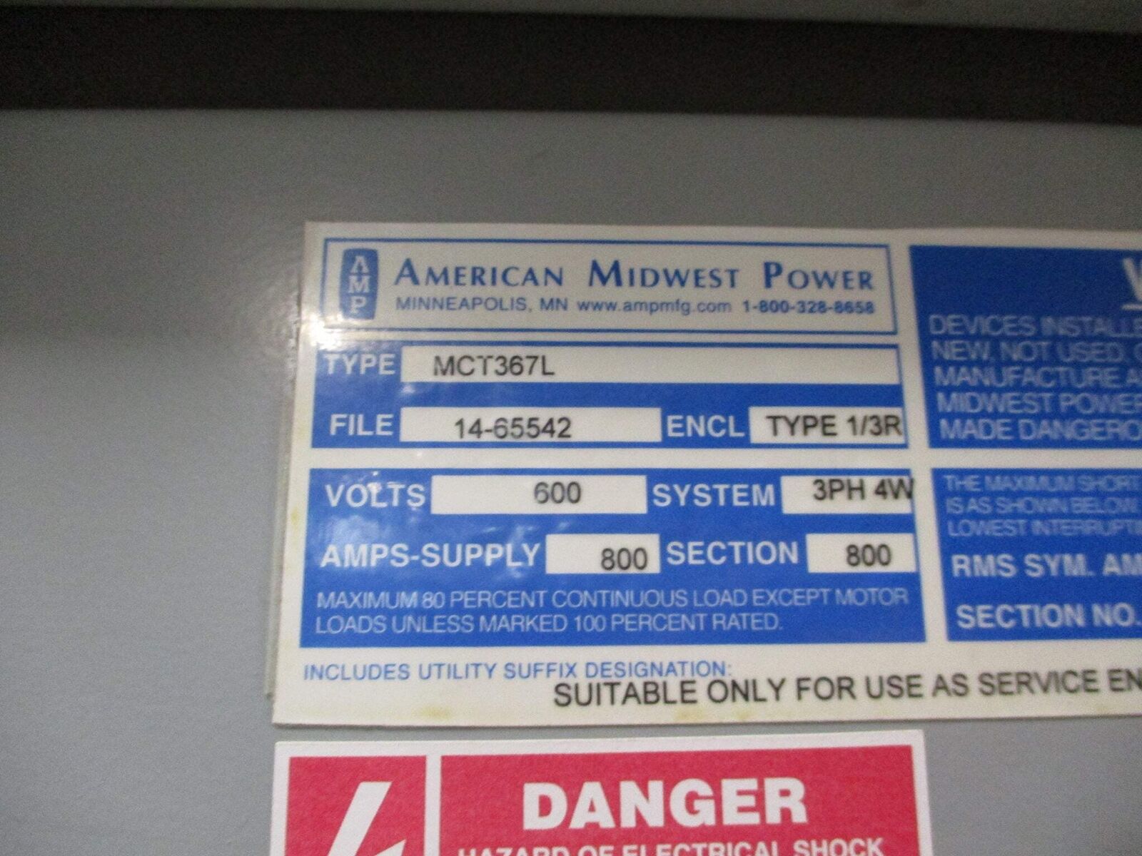 AMP Combination Meter Main MCT367L 800A 600V 3Ph 4W Service Entrance Rated