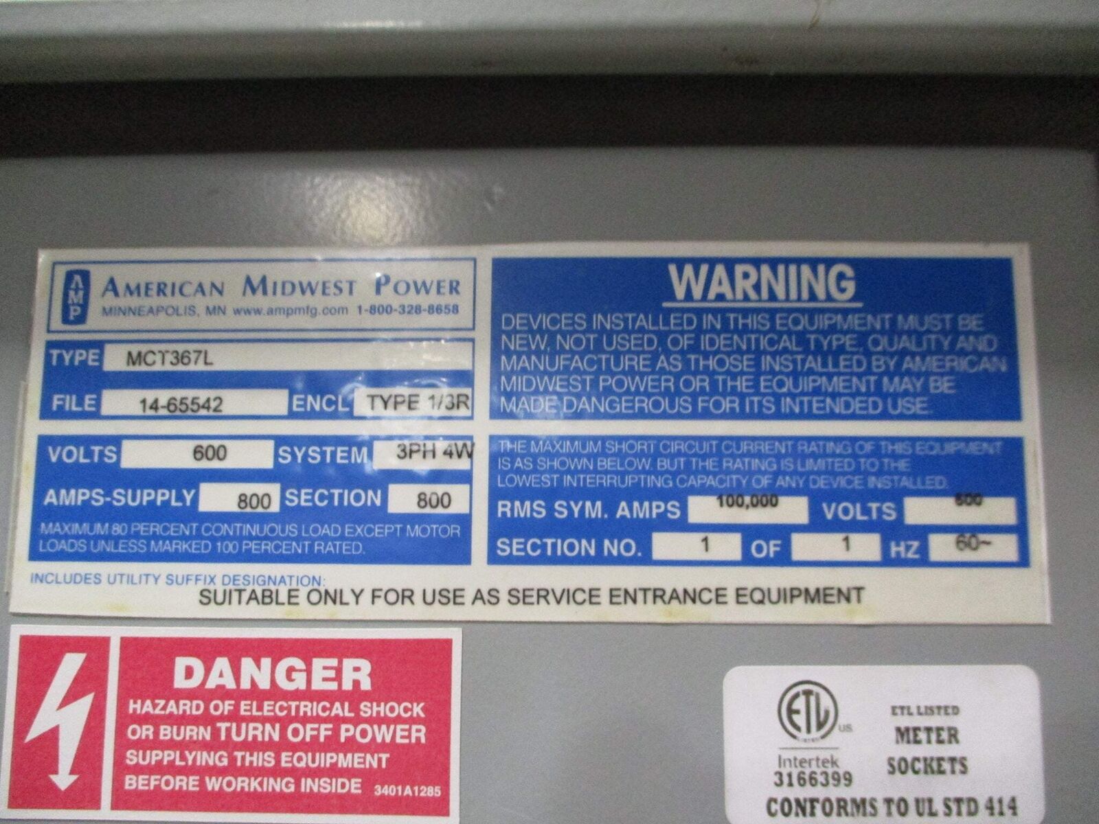 AMP Combination Meter Main MCT367L 800A 600V 3Ph 4W Service Entrance Rated