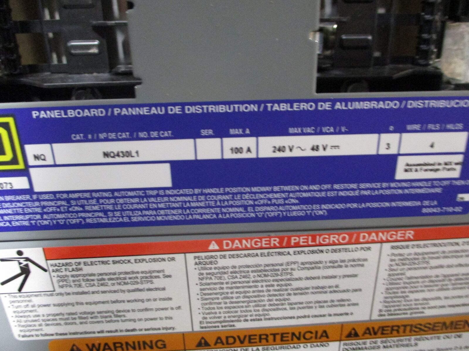 Square D NQ Panelboard Interior NQ430L1 100A 240V 3Ph 4W 30-Slot New Surplus