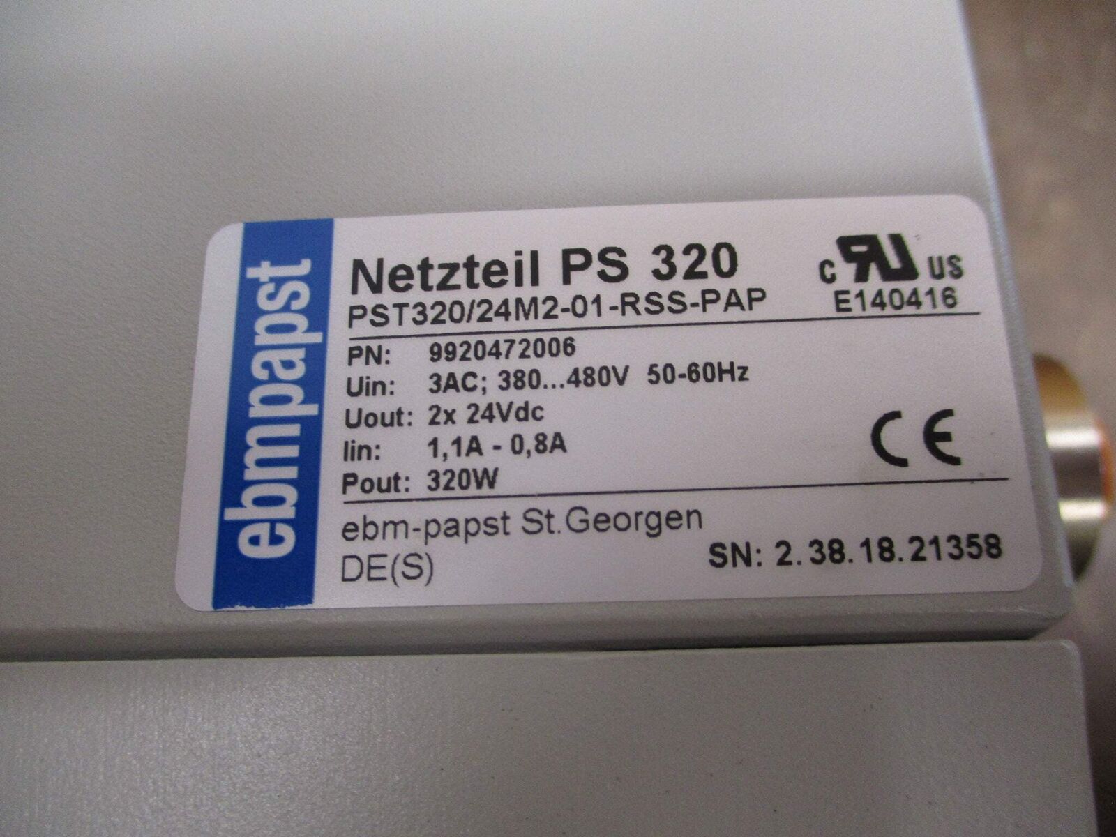 ebmpapst PS 320 Power Supply 9920472006 PST320/24M2-01-RSS-PAP 320W Used