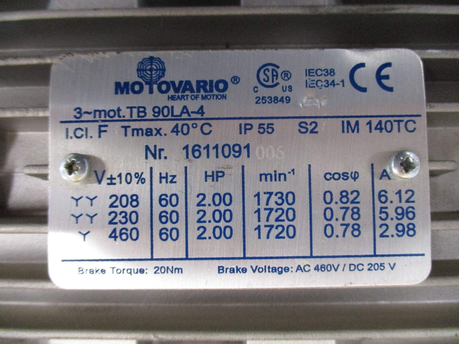 Motovario Motor 1611091006 2HP 230-460V 2.98/5.96A 60Hz *No Wire Box Cover* Used