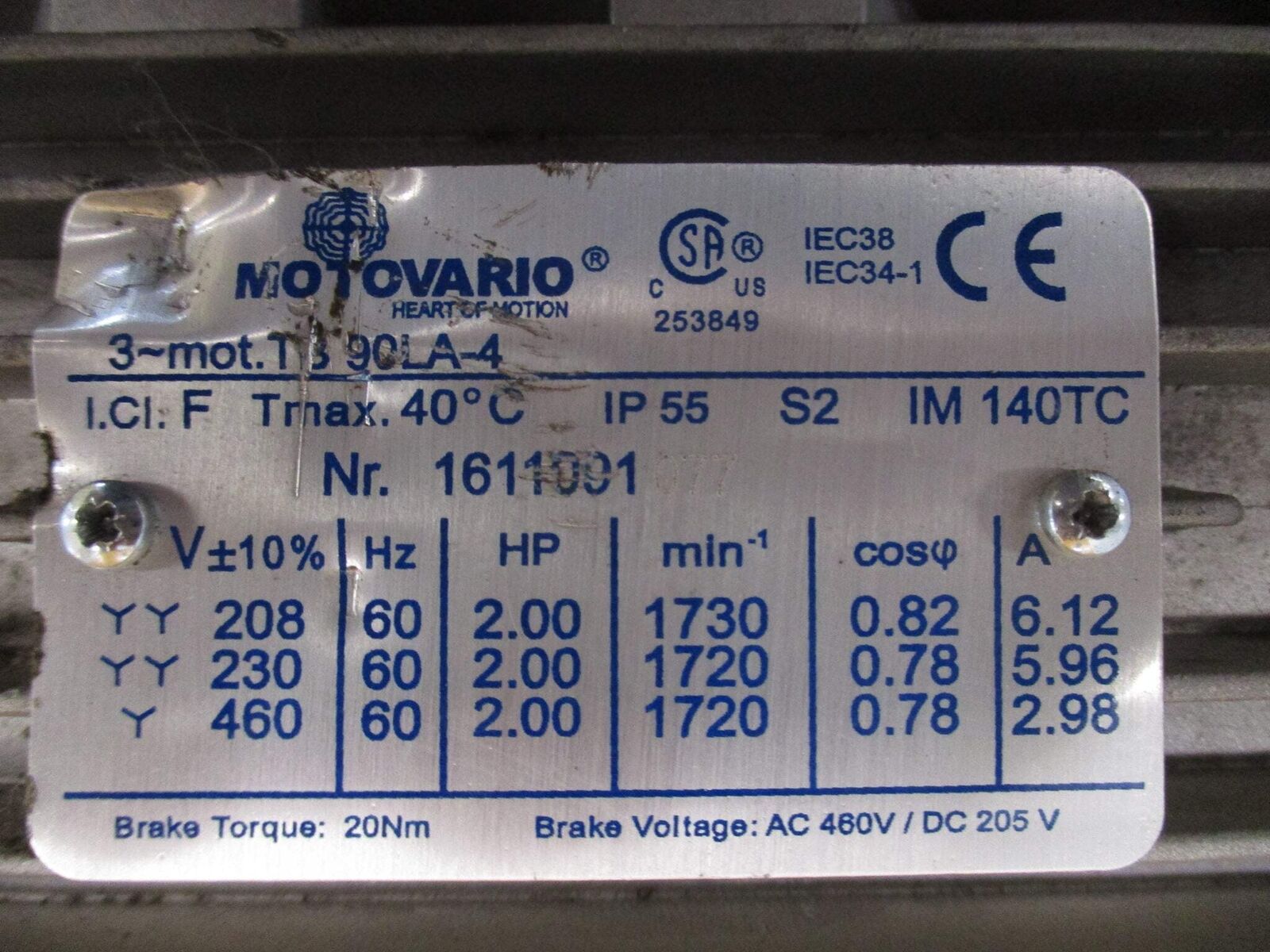 Motovario Motor 1611091077 2HP 230/460V 1800RPM 2.98/5.96A 60Hz *No Wire Box*