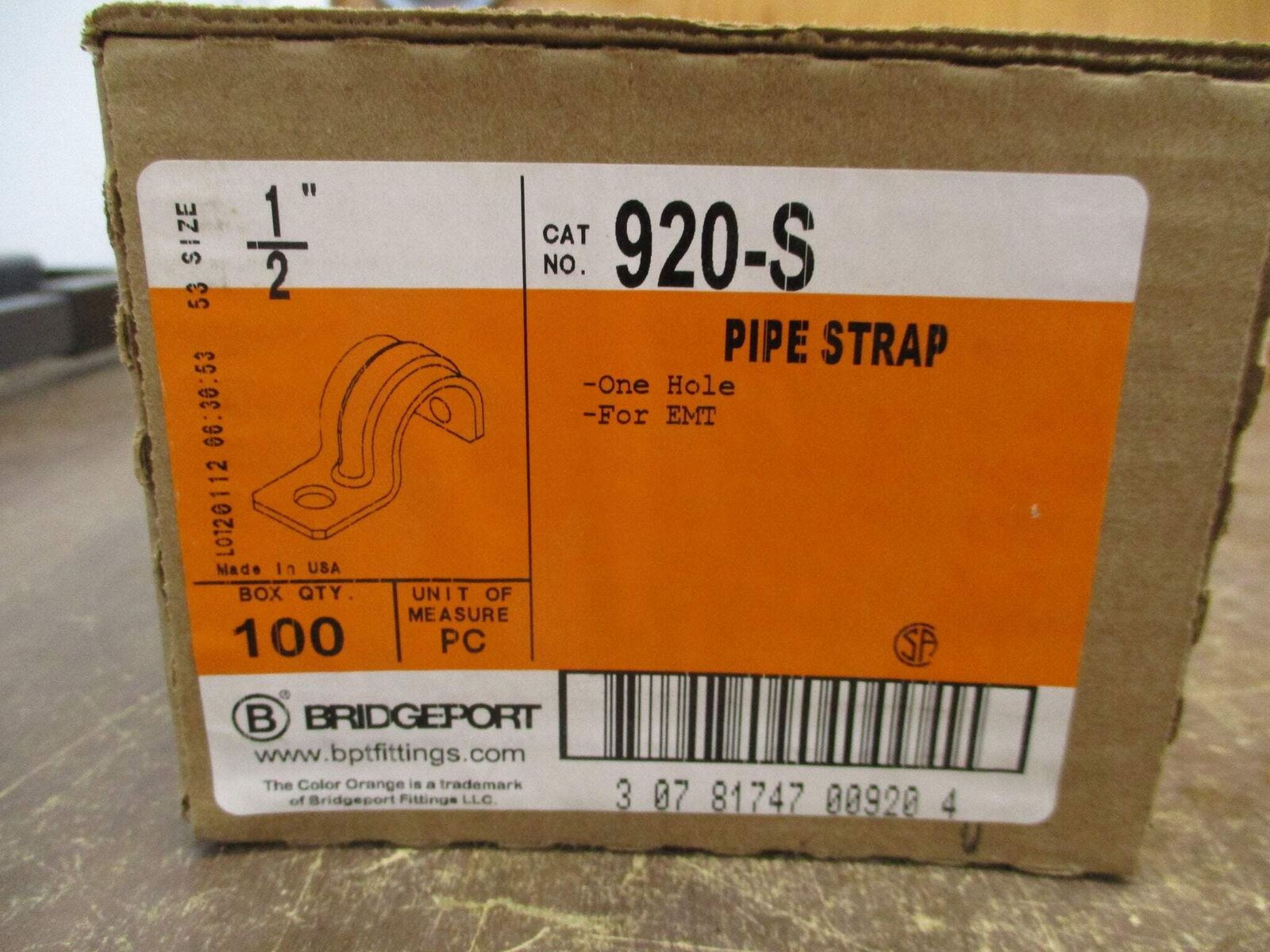 Bridgeport Pipe Strap 920-S Size: 1/2" One-Hole For EMT *Box of 100* New Surplus