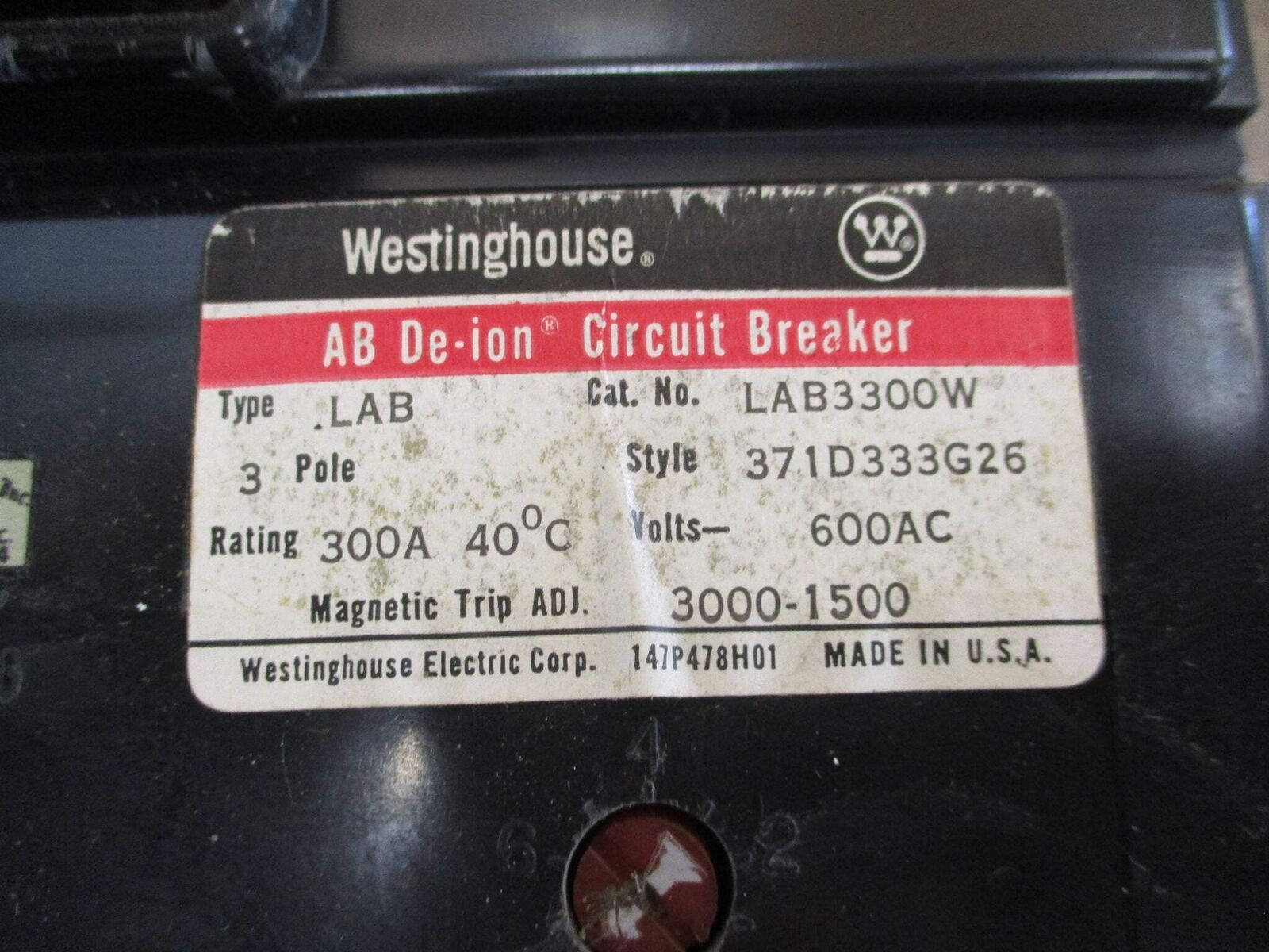 Westinghouse AB De-ion Circuit Breaker LAB3300W 300A 600V 3P Used