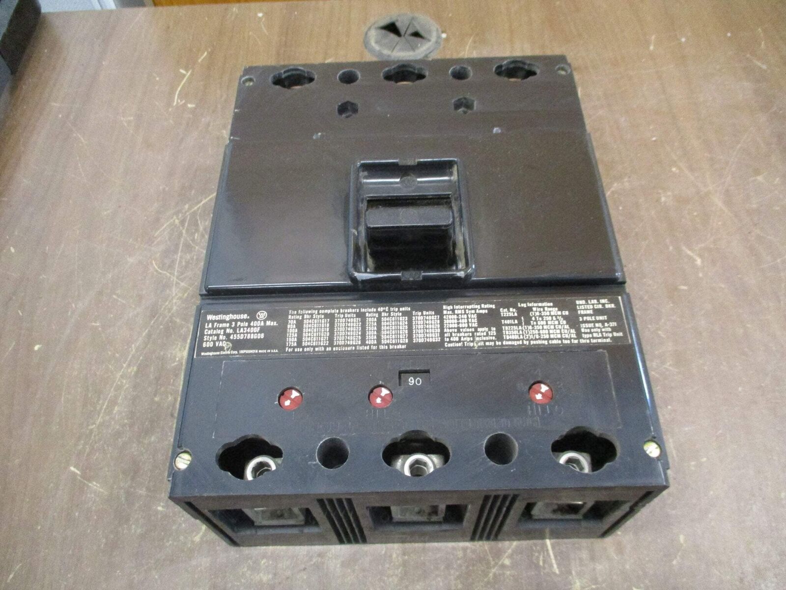 Westinghouse Circuit Breaker LA3400F 90A Trip 600V Used