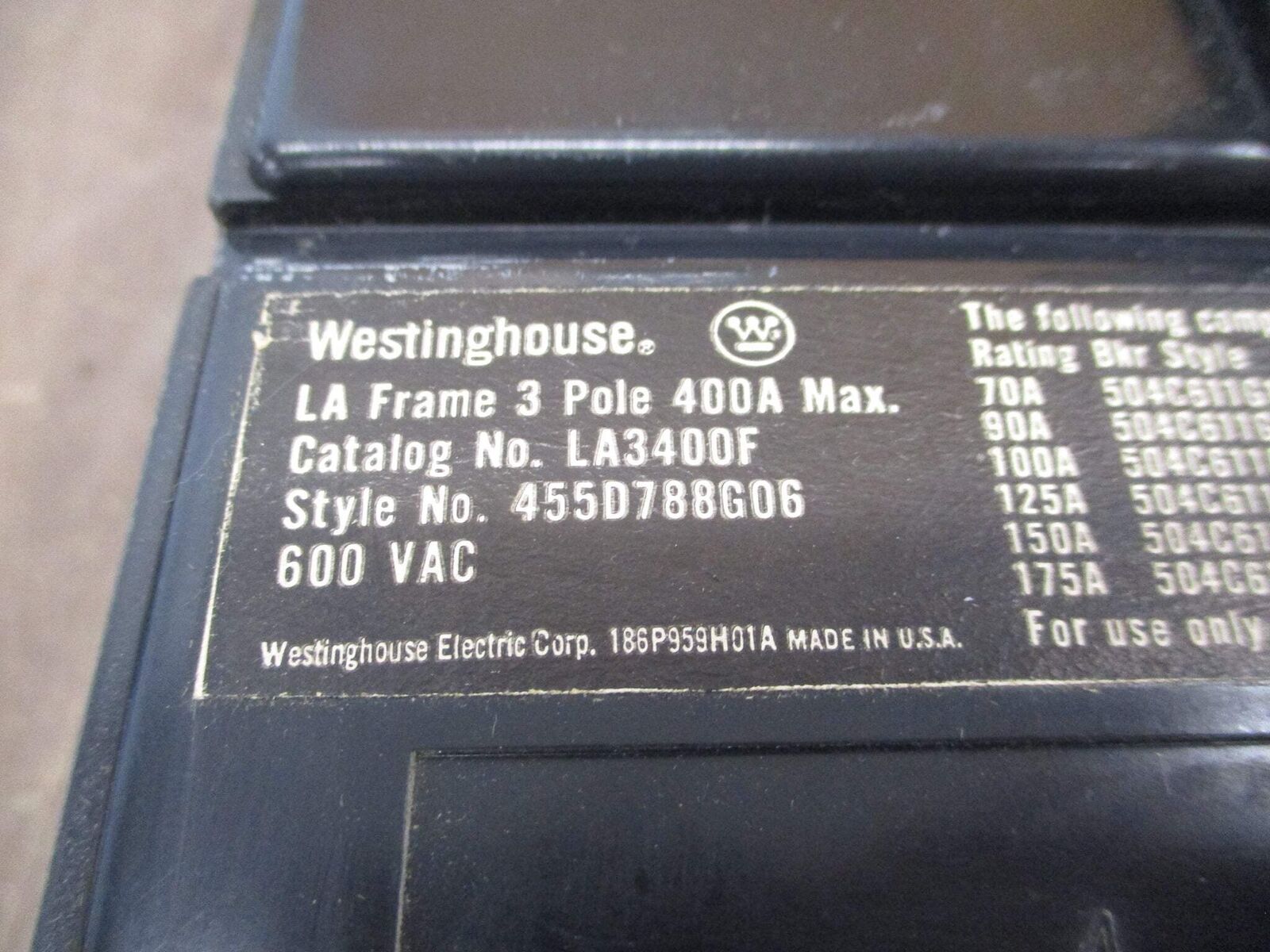 Westinghouse Circuit Breaker LA3400F 100A Trip 600V 3P Used