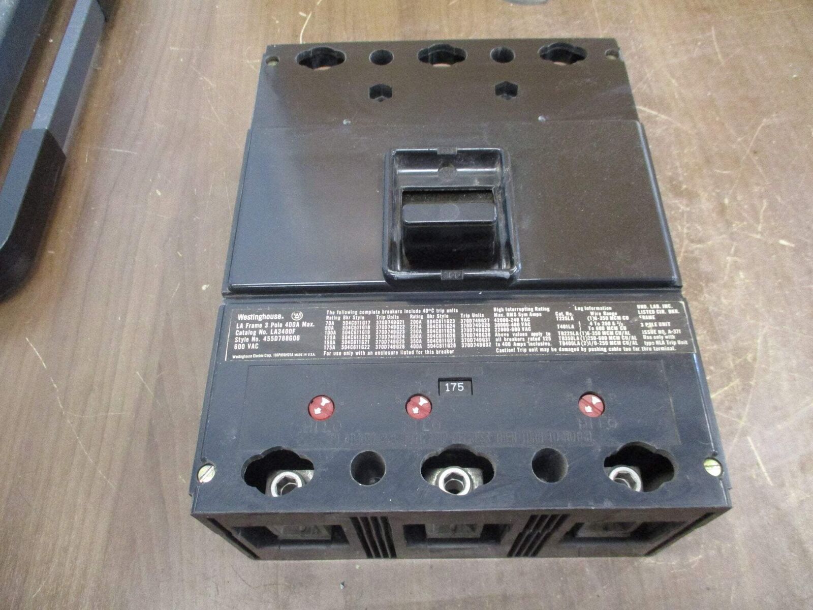 Westinghouse Circuit Breaker LA3400F 175A Trip 600V 3P Used