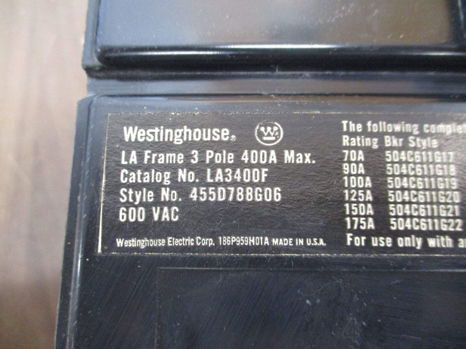 Westinghouse Circuit Breaker LA3400F 175A Trip 600V 3P Used