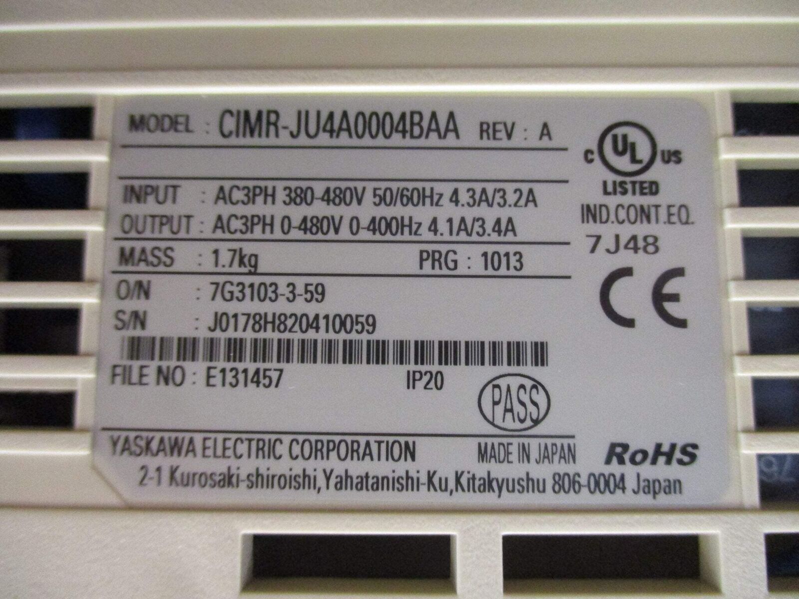 Yaskawa J1000 AC Drive CIMR-JU4A0004BAA 1HP 3Ph Used