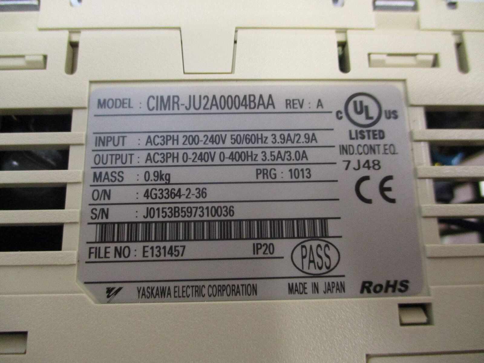 Yaskawa J1000 AC Drive CIMR-JU2A0004BAA 0.75HP 3Ph Used