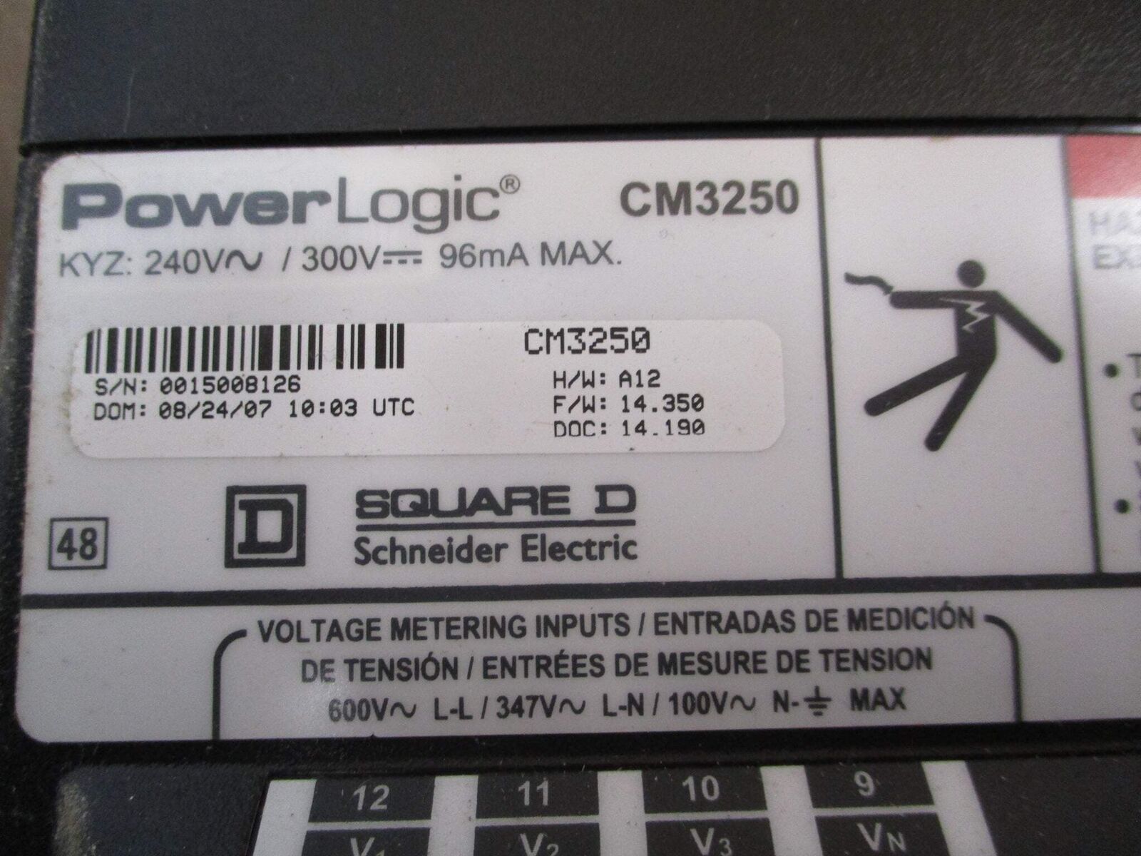 Square D PowerLogic Circuit Monitor CM3250 H/W Rev. A12 F/W Rev. 14.350 Used
