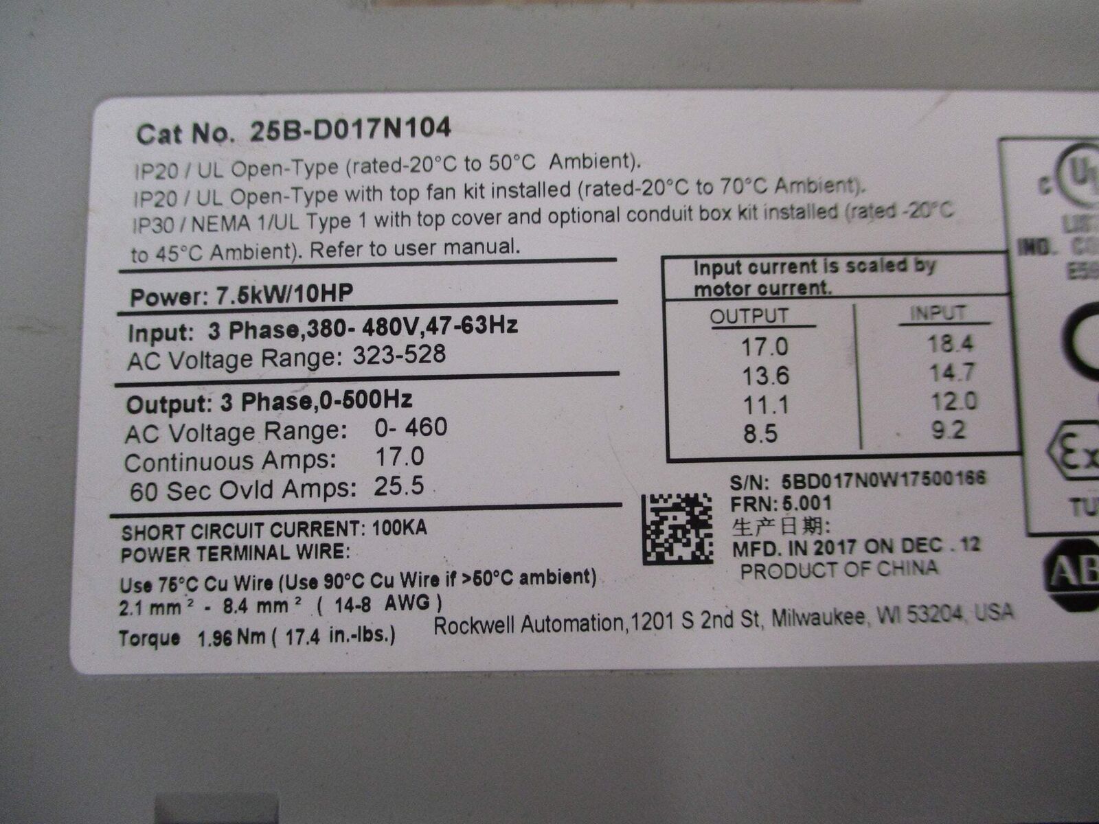 Allen-Bradley PowerFlex 525 AC Drive 25B-D017N104 10HP 3Ph Used