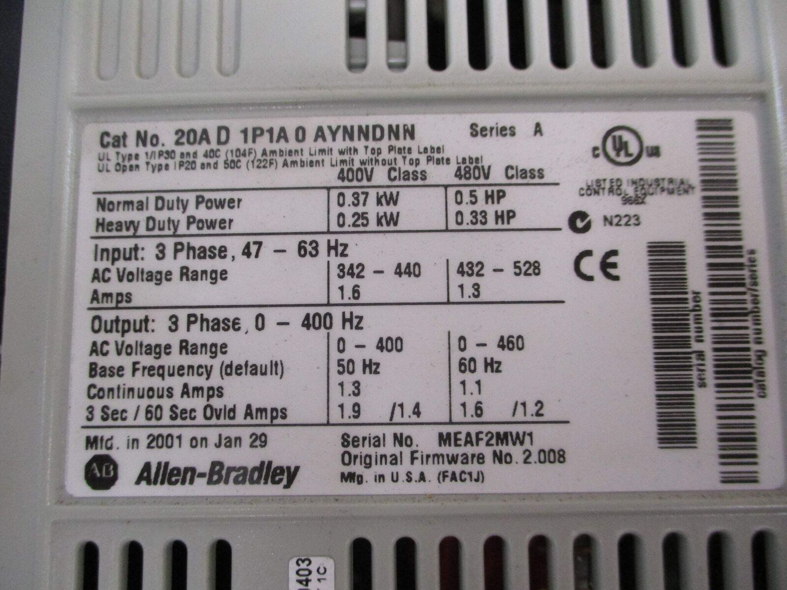 Allen-Bradley PowerFlex 70 AC Drive 20AD1P1A0AYNNDNN 0.5HP 3Ph w/ Keypad Used