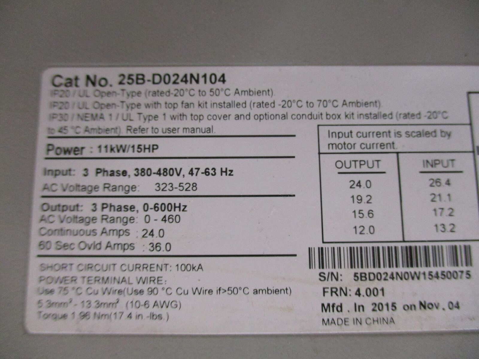Allen-Bradley PowerFlex 525 AC Drive 25B-D024N104 15HP 3Ph Used