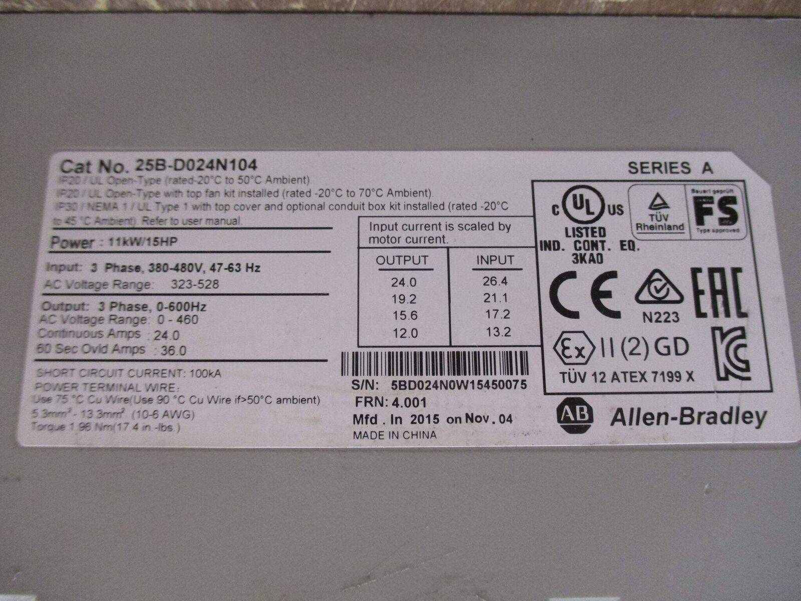 Allen-Bradley PowerFlex 525 AC Drive 25B-D024N104 15HP 3Ph Used