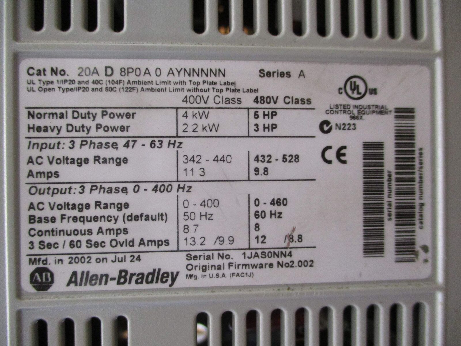 Allen-Bradley PowerFlex 70 AC Drive 20AD8P0A0AYNNNNN 5HP 3Ph *No Keypad* Used