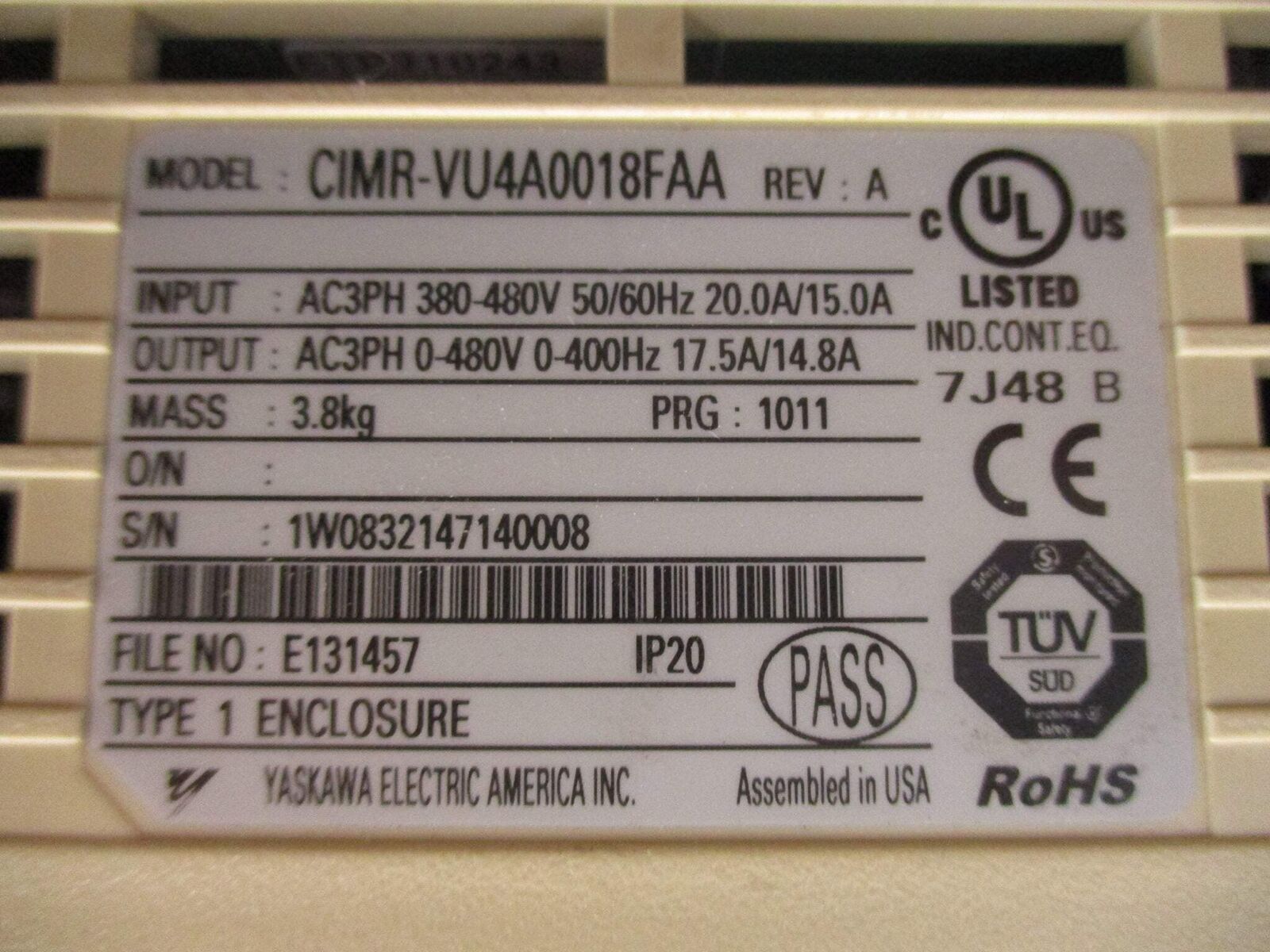 Yaskawa V1000 AC Drive CIMR-VU4A0018FAA 10HP 3Ph Used