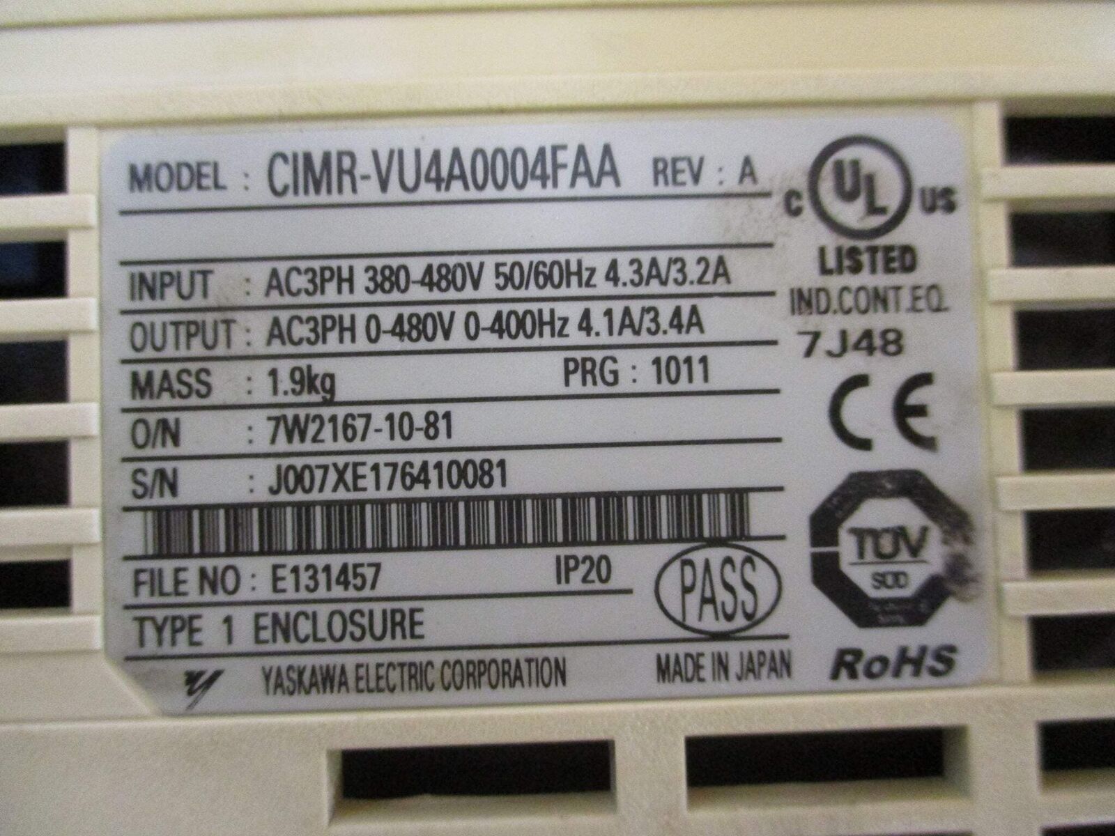 Yaskawa V1000 AC Drive CIMR-VU4A0004FAA Rev. A 1HP w/ Keypad Used