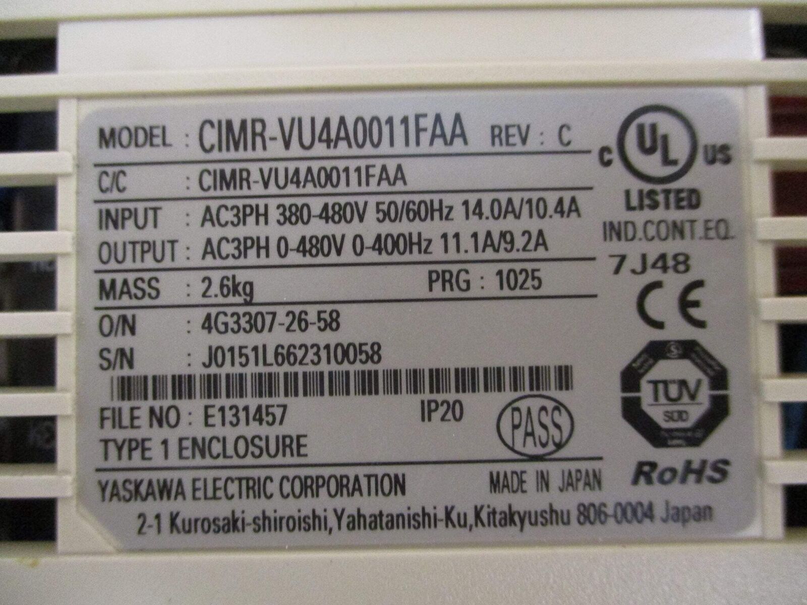 Yaskawa V1000 AC Drive CIMR-VU4A0011FAA 7.5HP 3Ph Used.