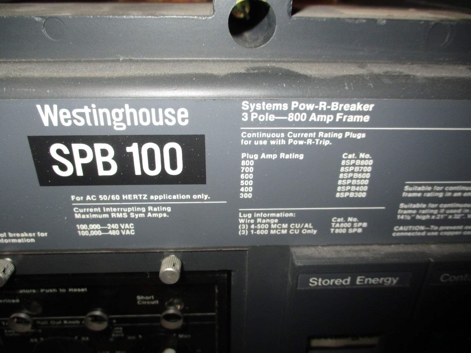 Westinghouse Circuit Breaker SPB 100 800A Frame 400A Plug 50/60Hz 3P Used
