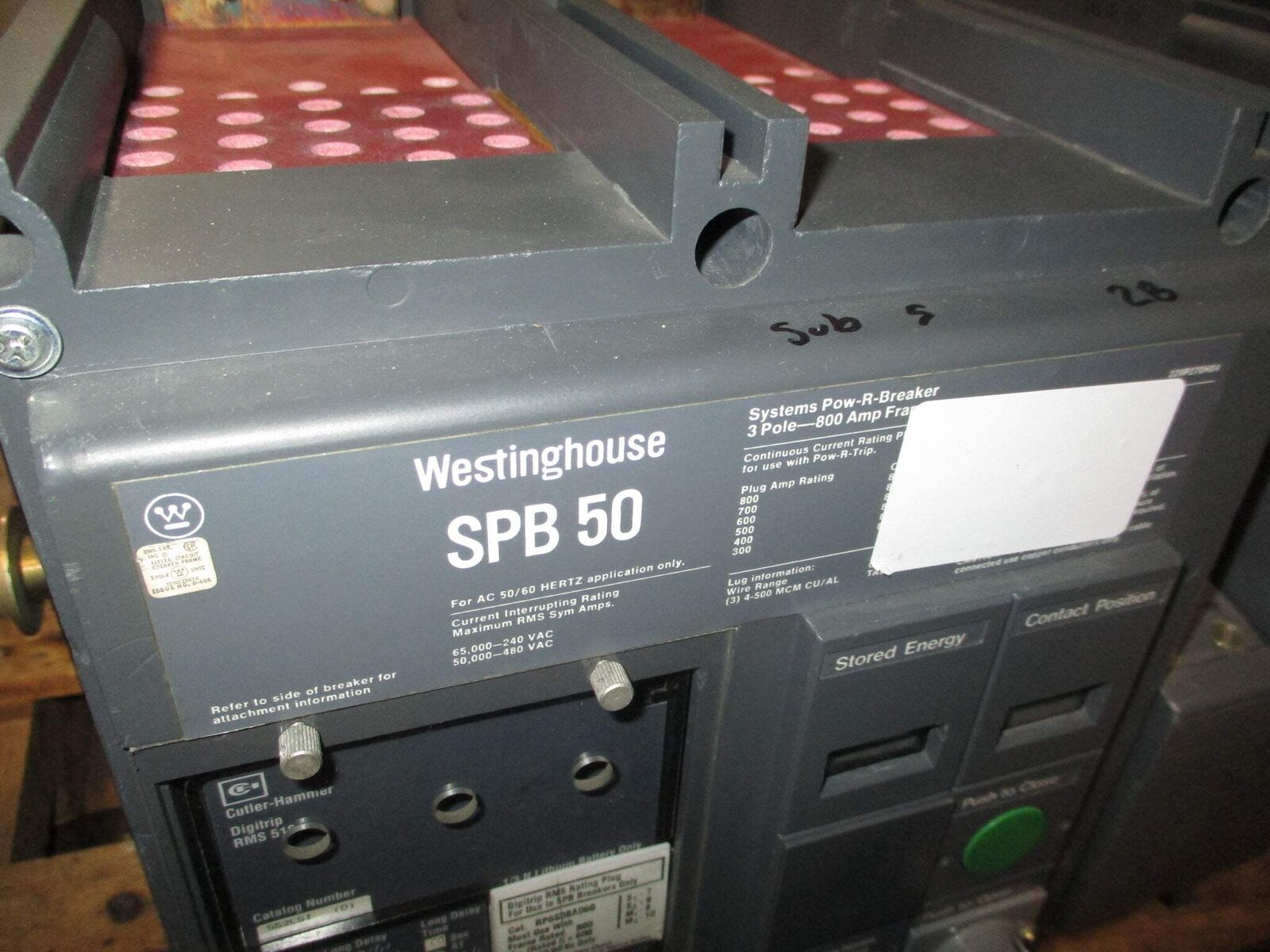 Westinghouse Circuit Breaker SPB 50 800A Frame 600A Plug 3P 50/60Hz Used
