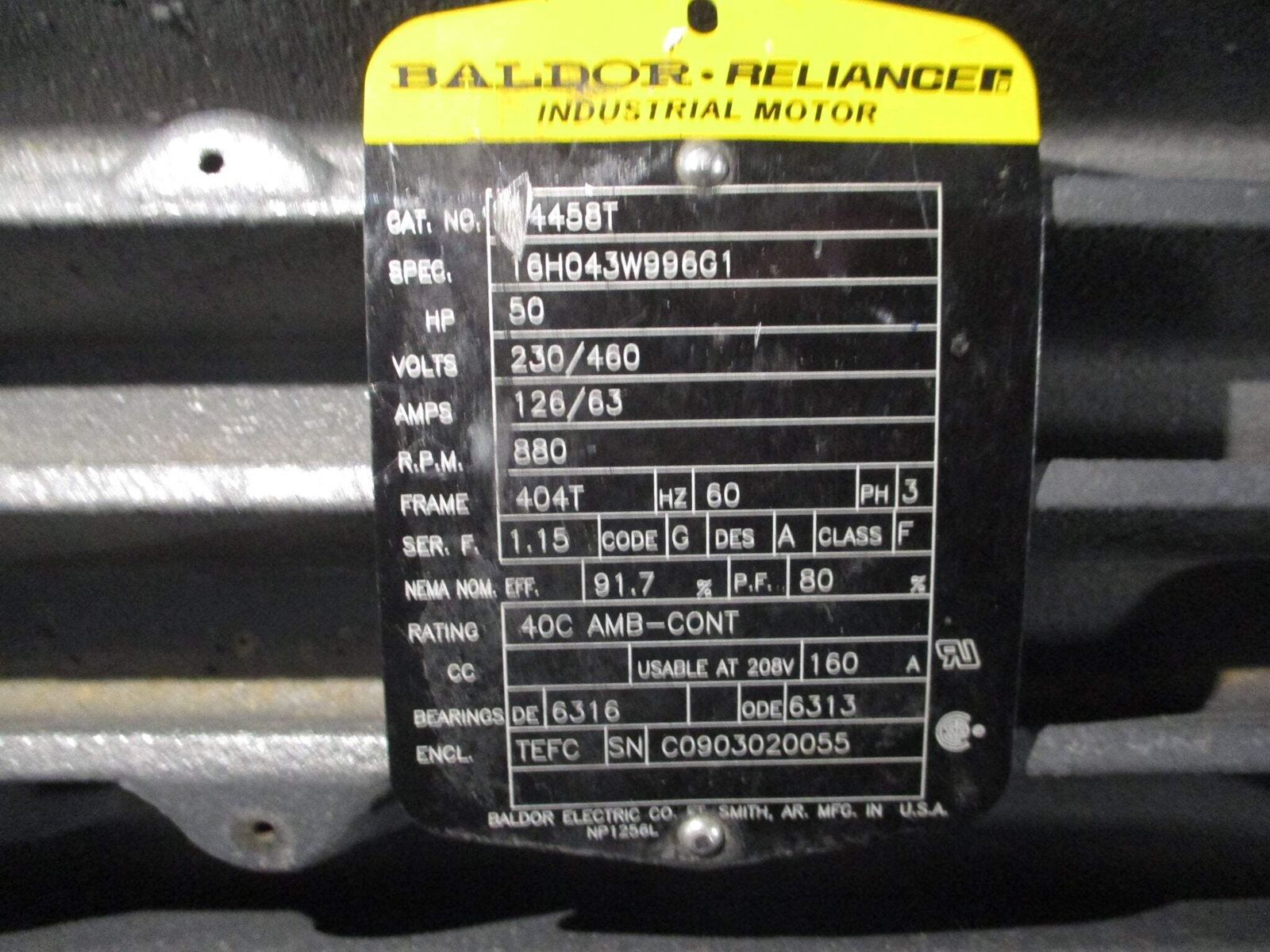 Baldor Motor M4458T 50HP 230/460V 126/63A 900RPM 60Hz 3Ph 404T Frame Used