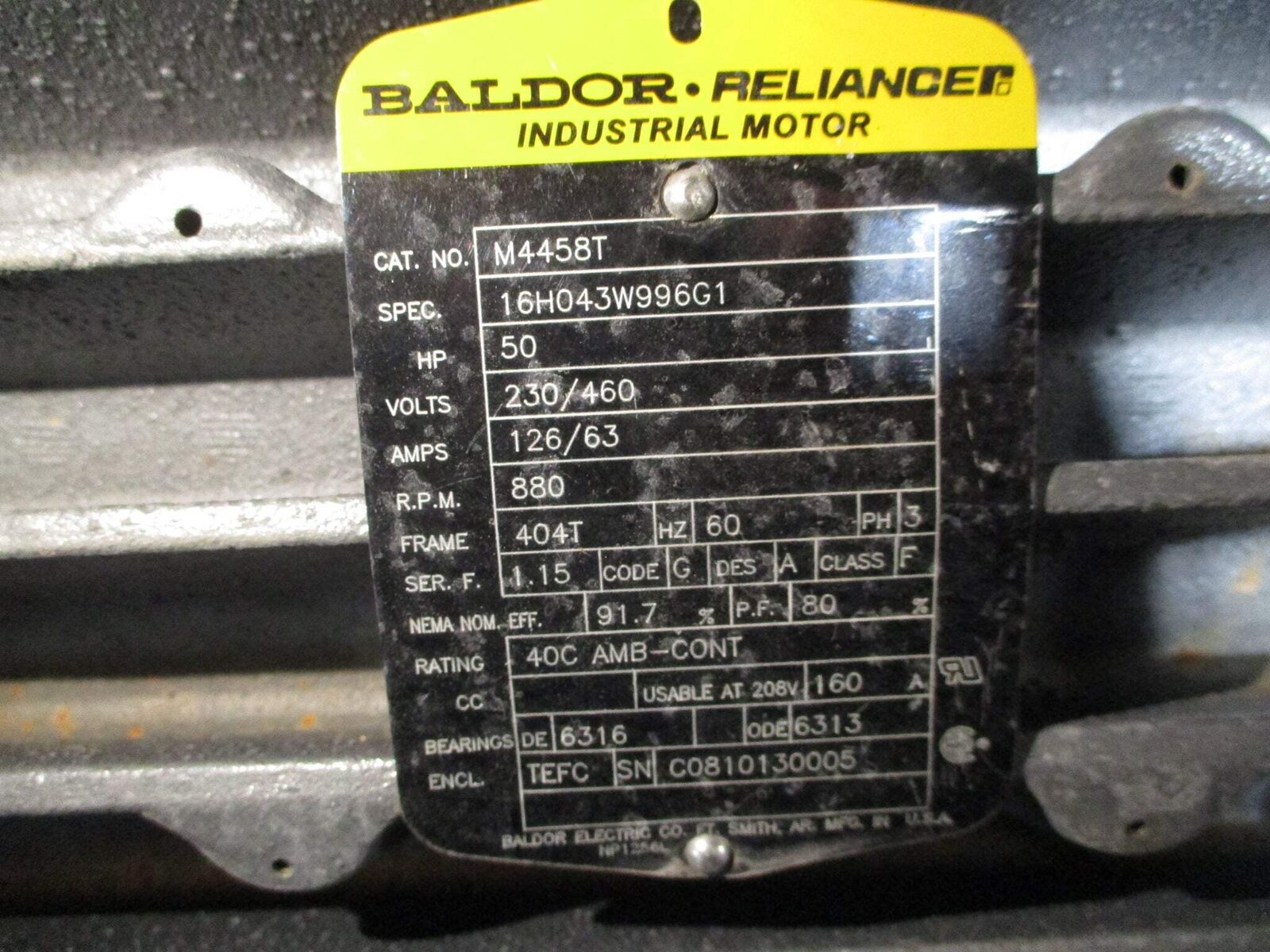 Baldor Motor M4458T 50HP 230/460V 126/63A 900RPM 60Hz 3Ph 404T Frame Used