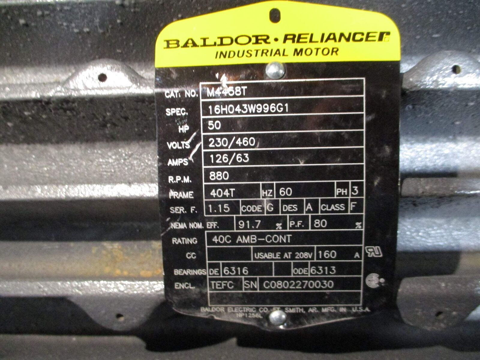 Baldor Motor M4458T 50HP 230/460V 126/63A 900RPM 60Hz 3Ph 404T Frame Used