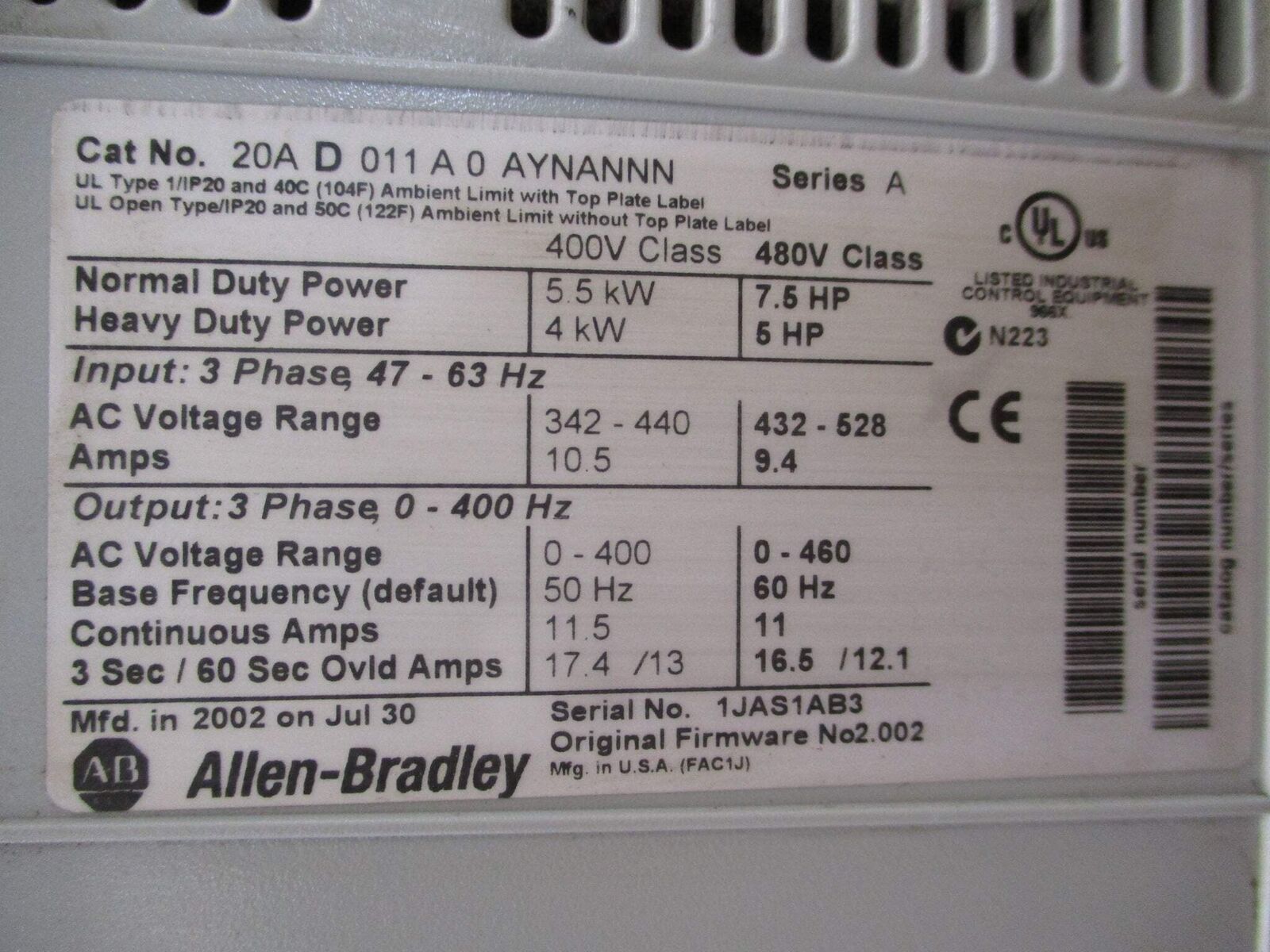 Allen-Bradley PowerFlex 70 AC Drive 20AD011A0AYNANNN 7.5HP 3Ph w/ Keypad Used