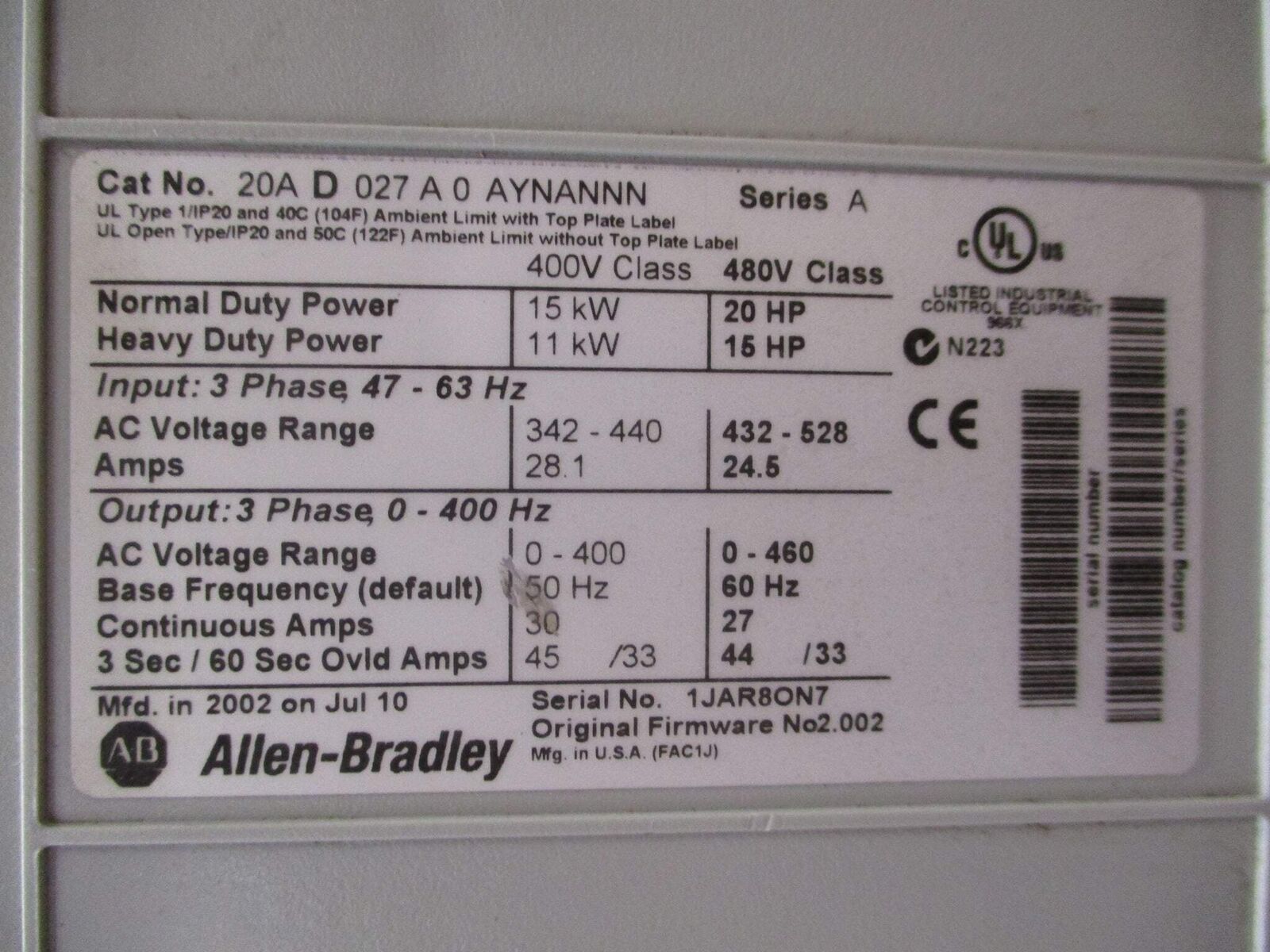 Allen-Bradley PowerFlex 70 AC Drive 20AD027A0AYNANNN 20HP 3Ph *No Keypad* Used