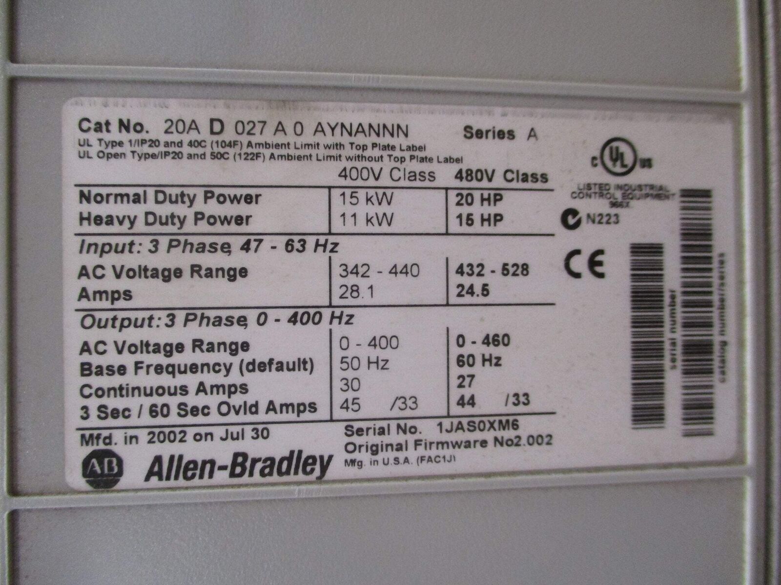 Allen-Bradley PowerFlex 70 AC Drive 20AD027A0AYNANNN 20HP 3Ph *No Keypad* Used