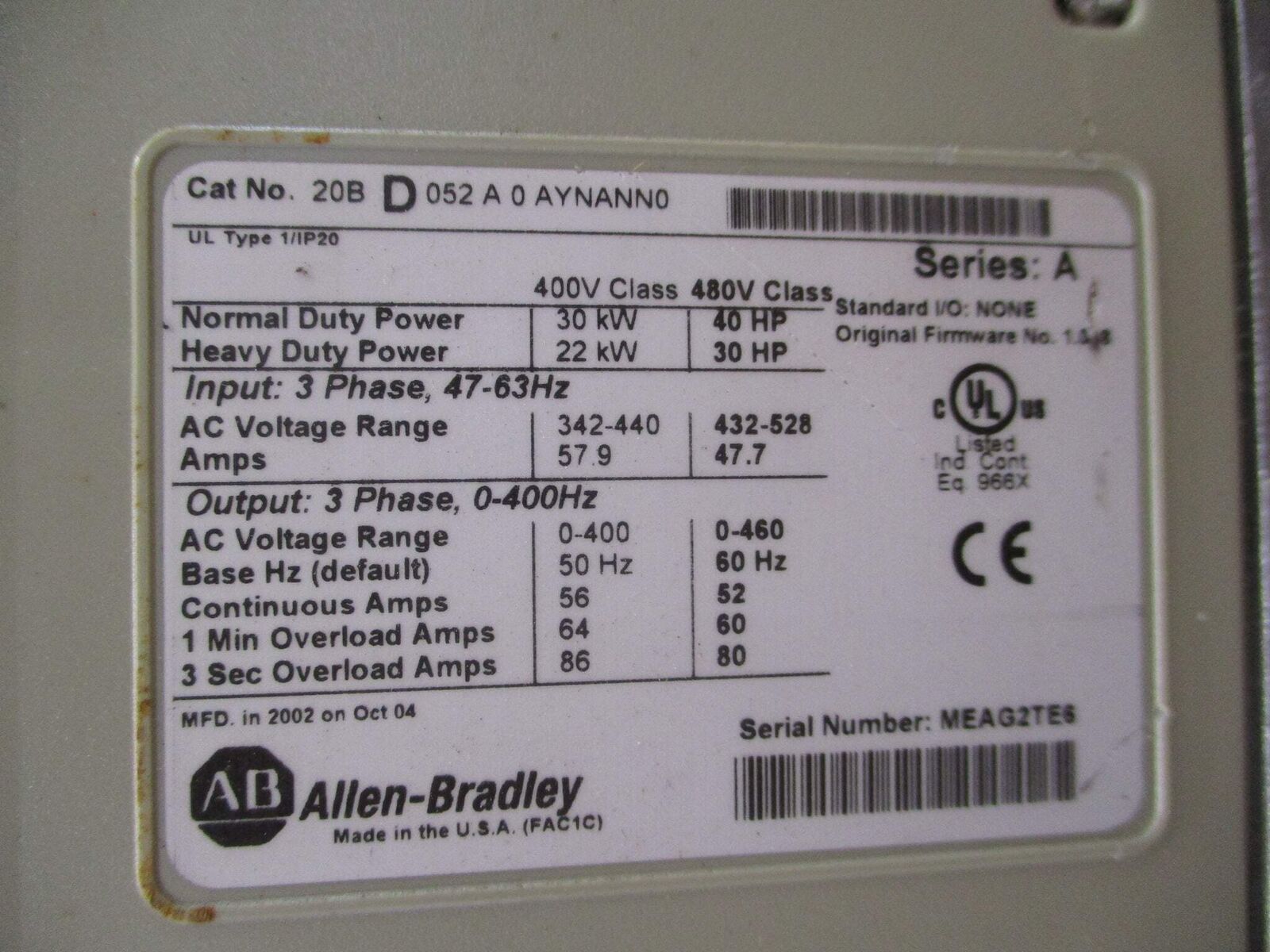 Allen-Bradley PowerFlex 700 AC Drive 20BD052A0AYNANN0 40HP 3Ph *No Keypad* Used