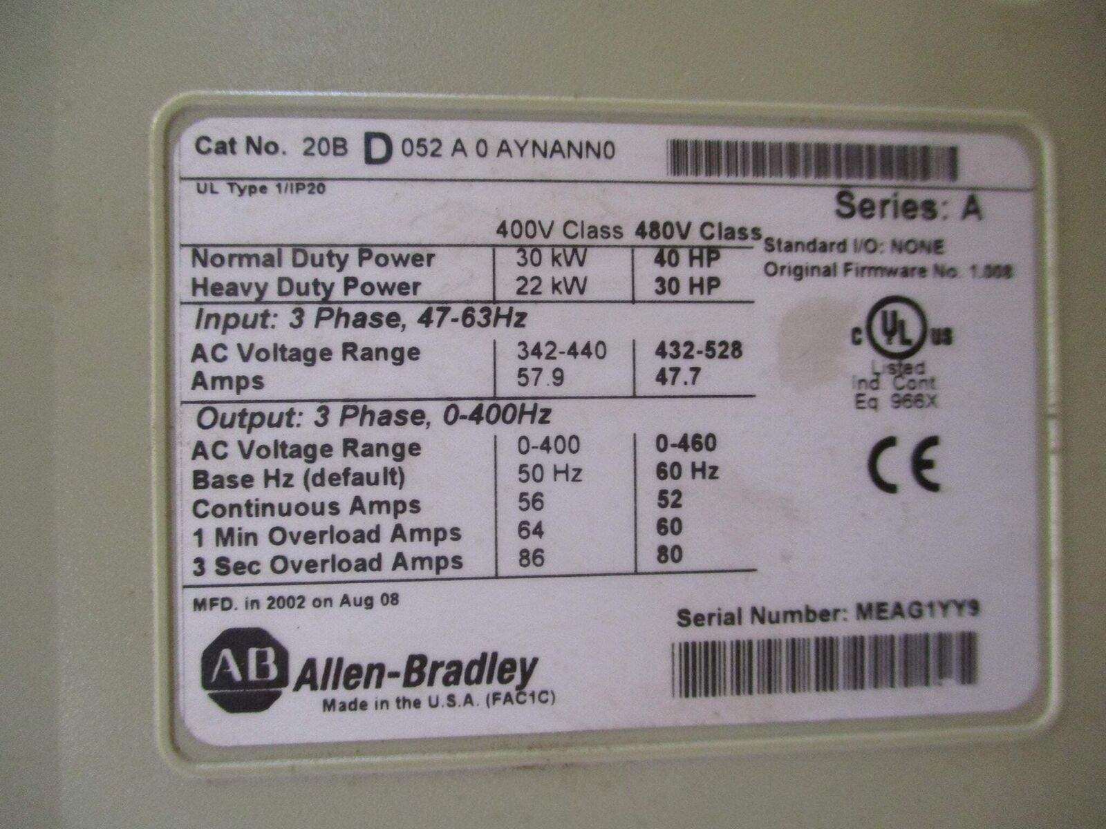 Allen-Bradley PowerFlex 700 AC Drive 20BD052A0AYNANN0 40HP 3Ph w/ Keypad Used