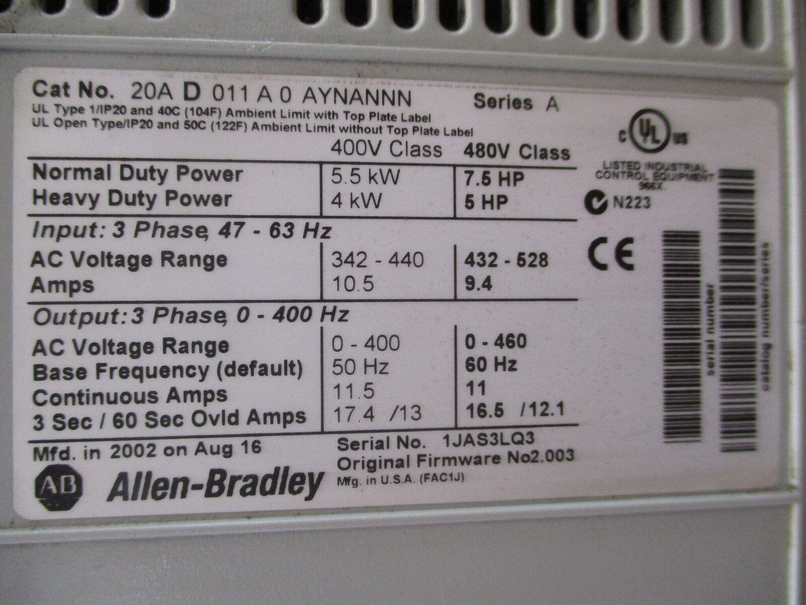 Allen-Bradley PowerFlex 70 AC Drive 20AD011A0AYNANNN 7.5HP 3Ph *No Keypad* Used