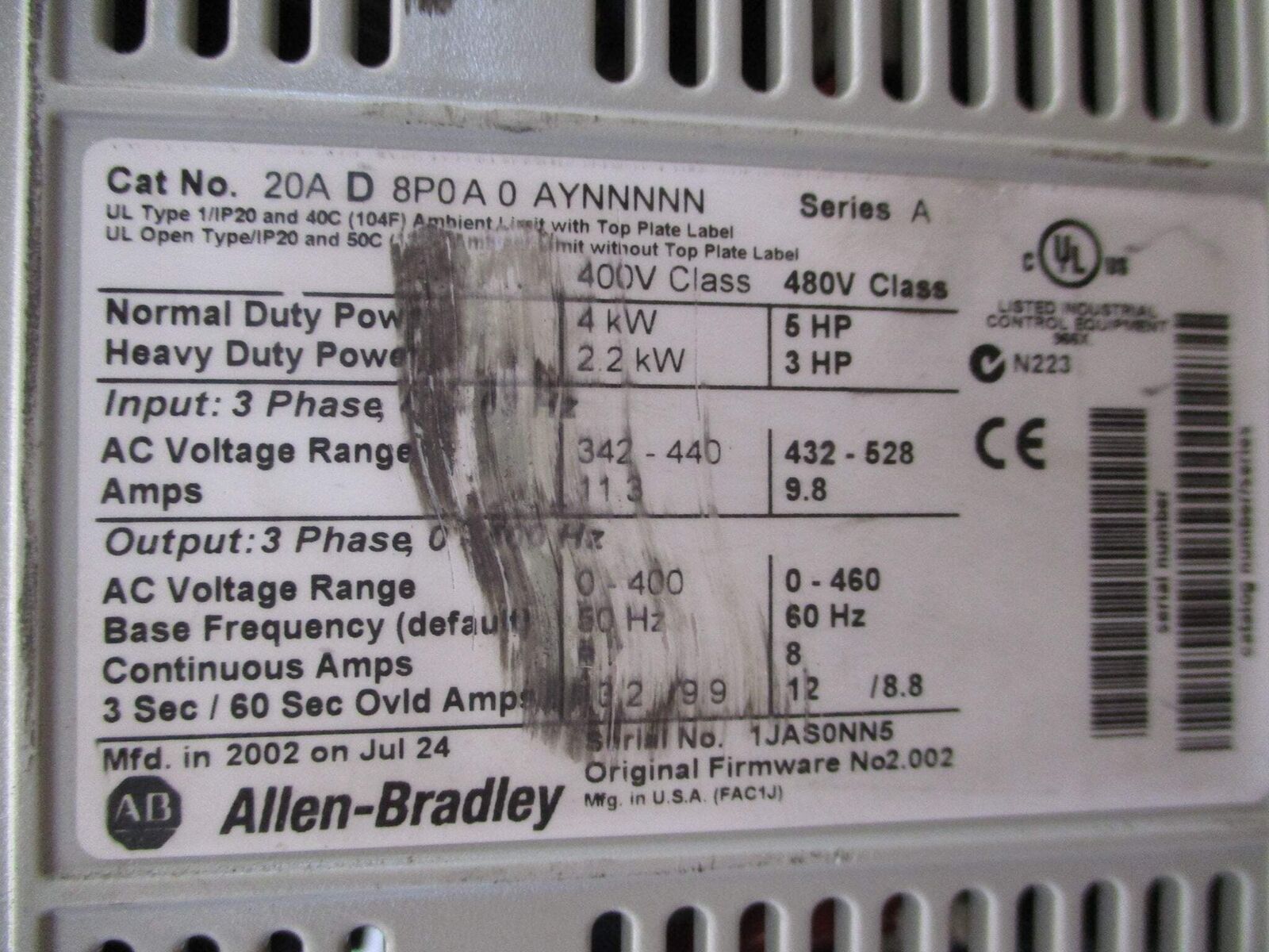 Allen-Bradley PowerFlex 70 AC Drive 20AD8P0A0AYNNNNN 5HP 3Ph *No Keypad* Used