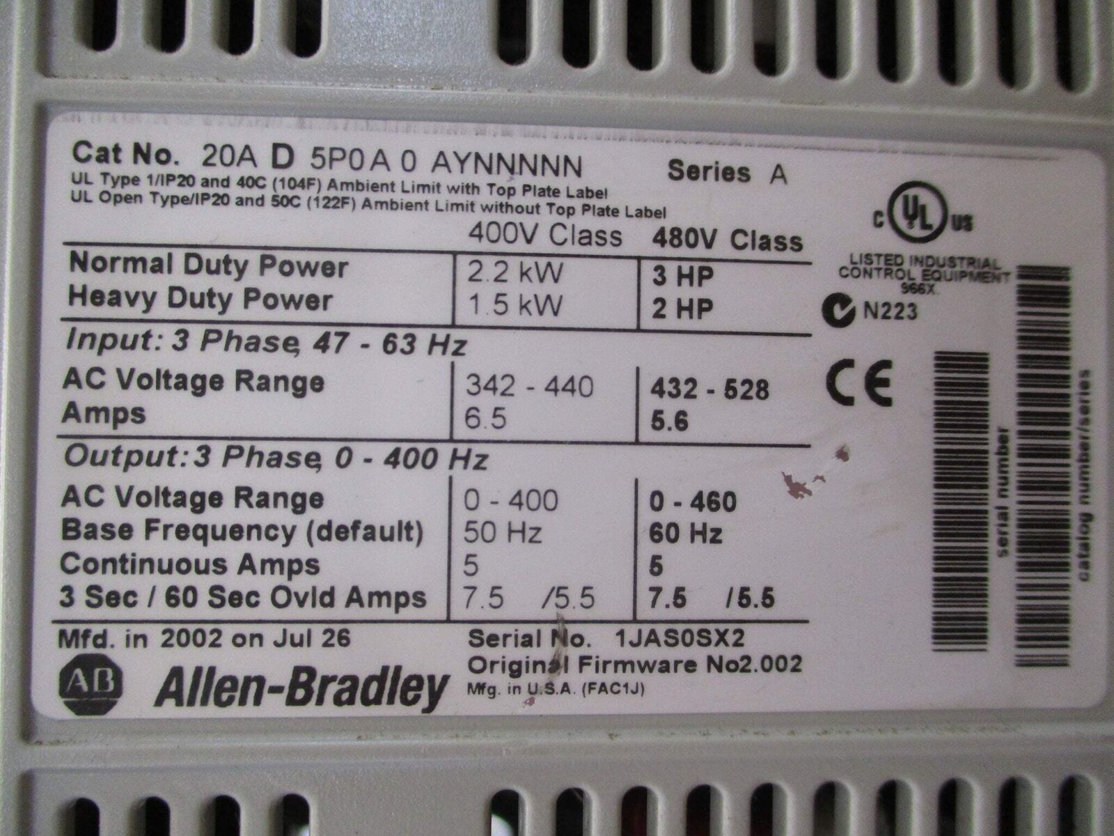 Allen-Bradley PowerFlex 70 AC Drive 20AD5P0A0AYNNNNN 3HP 3Ph *No Keypad* Used