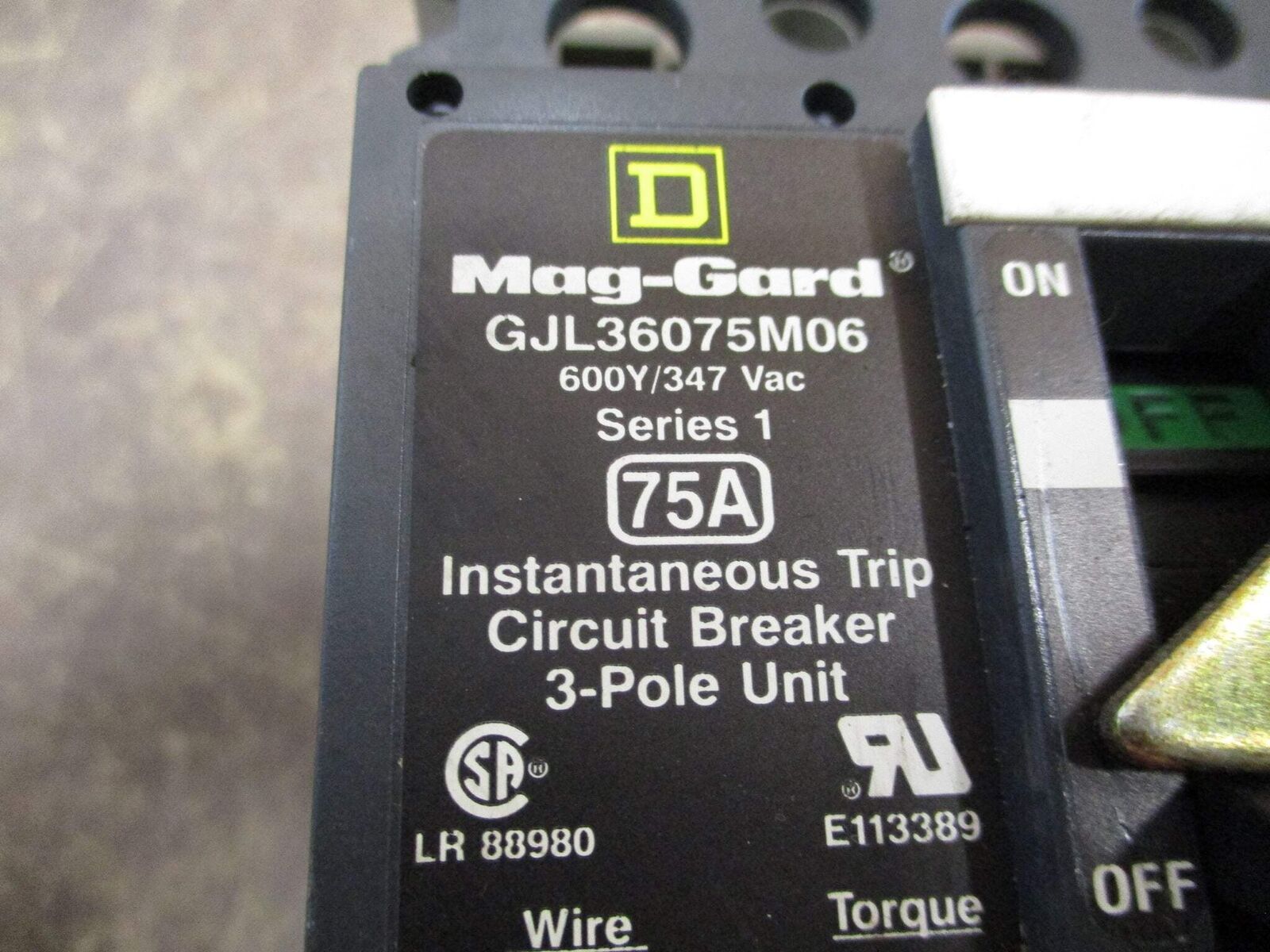 Square D Mag-Gard Breaker Disconnect GJL36075M06 75A 600Y/347V 3P Used
