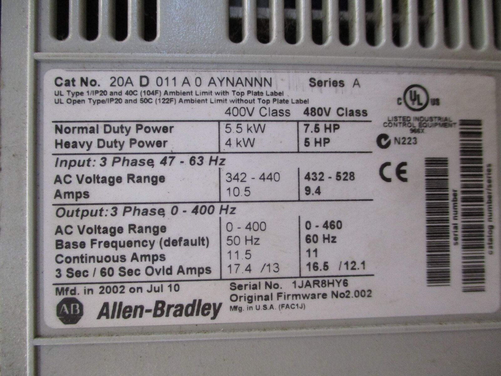 Allen-Bradley PowerFlex 70 AC Drive 20AD011A0AYNANNN 7.5HP 3Ph *No Keypad*
