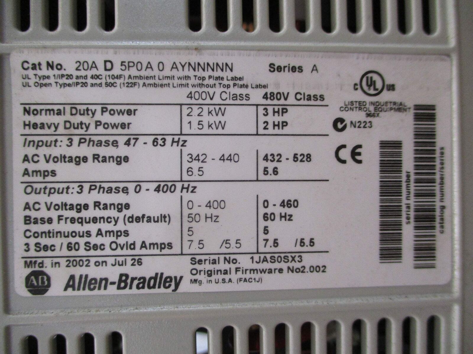 Allen-Bradley PowerFlex 70 AC Drive 20AD5P0A0AYNNNNN 3HP 3Ph *No Cover Screw*