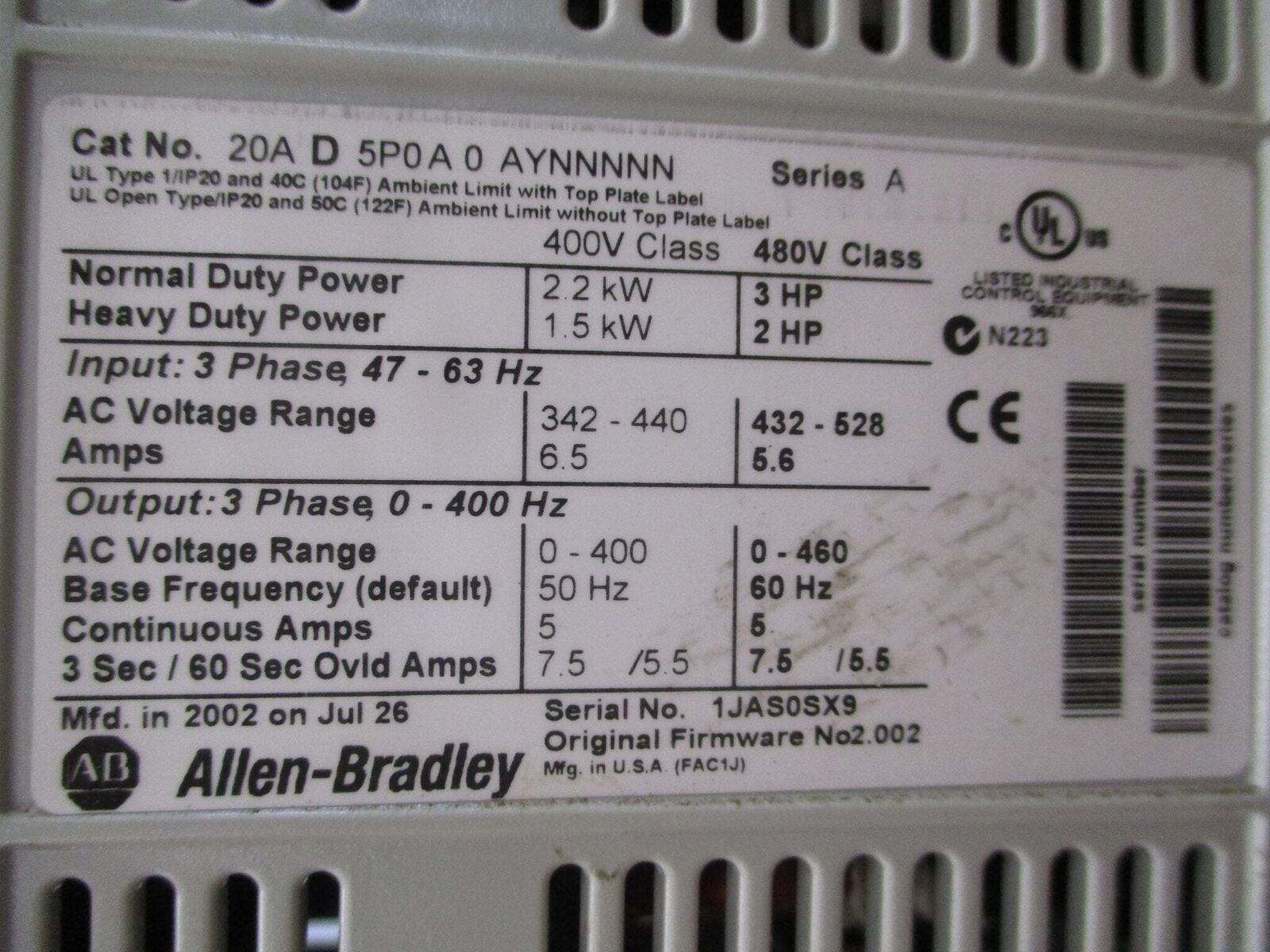 Allen-Bradley PowerFlex 70 AC Drive 20AD5P0A0AYNNNNN 3HP 3Ph *No Keypad* Used