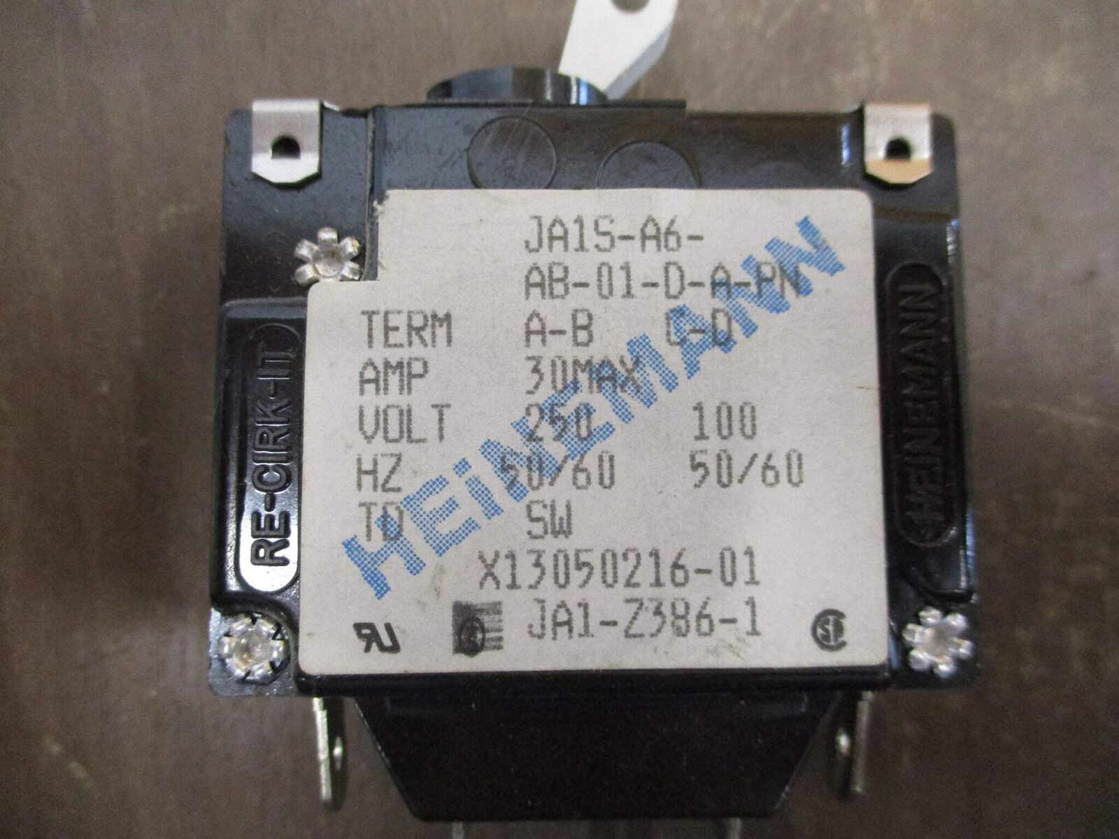 Heinemann Circuit Breaker JA1S-A6-AB-01-D-A-PN 30A 250V 50/60Hz Used