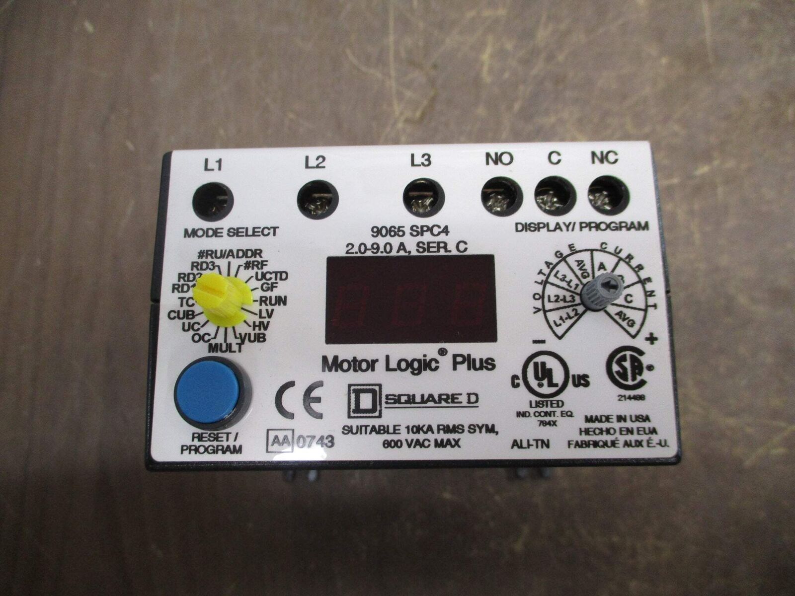 Square D Motor Logic Plus Solid State Overload 9065 SPC4 Ser. C Trip: 2.0-9.0A U