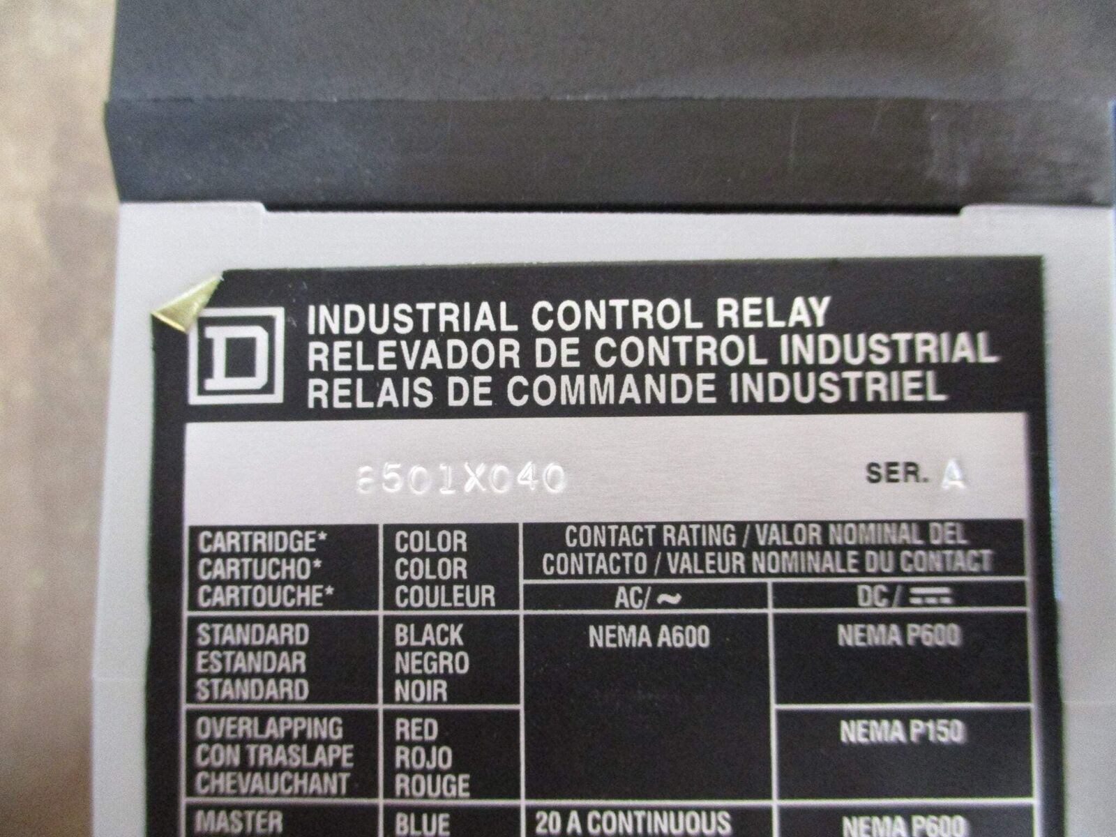 Square Type X Relay 8501X040 Ser. A 120V Coil 20A Used