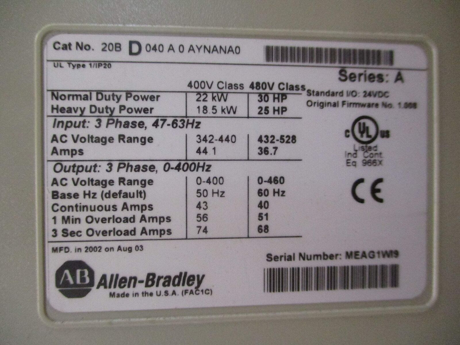 Allen-Bradley PowerFlex 700 AC Drive 20BD040A0AYNANA0 30HP 3Ph *No Keypad* Used