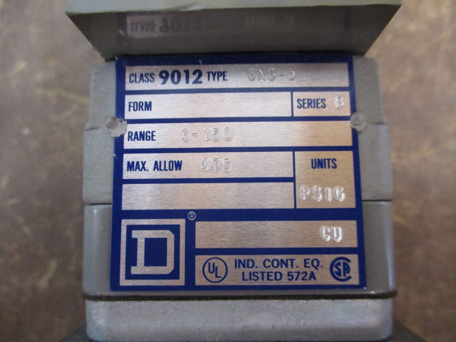 Square D Pressure Switch 9012 GNG-5 Ser. B Range: 3-150PSIG Used